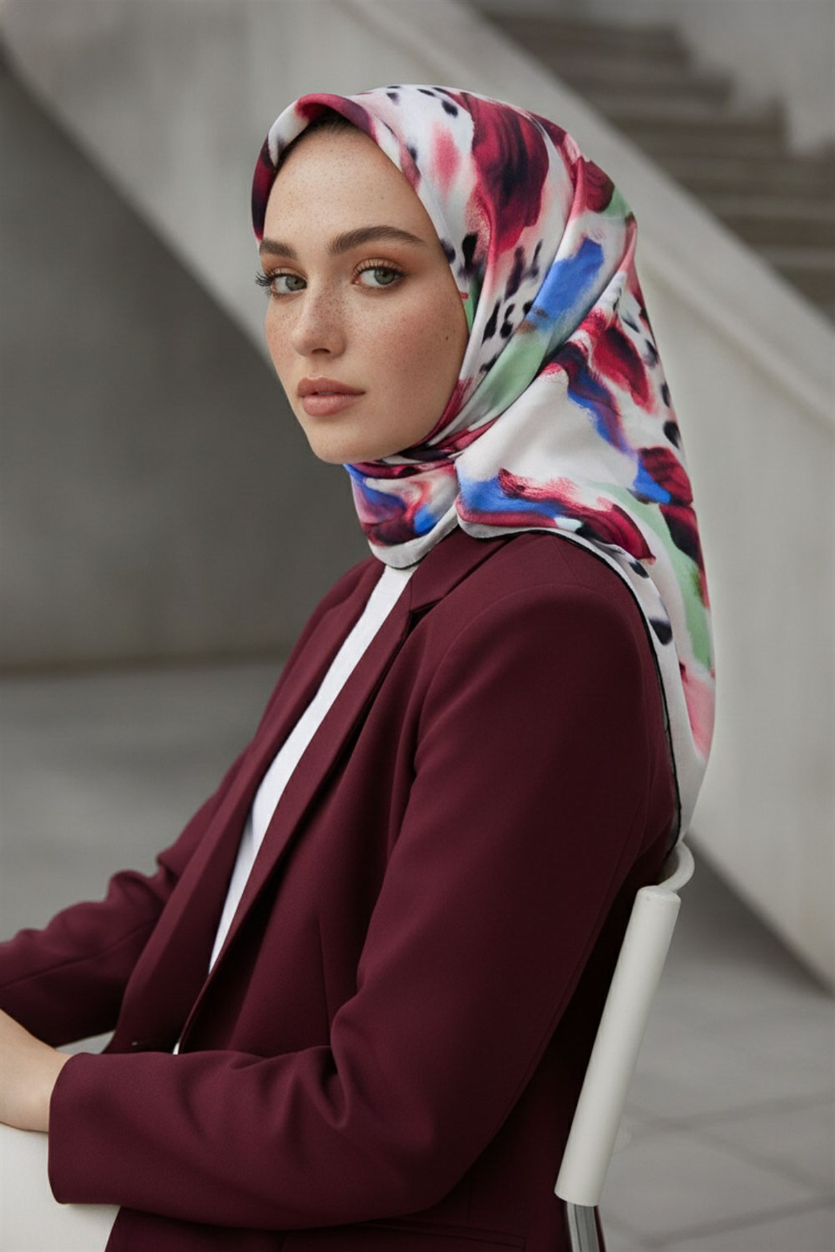 %100 Twill İpek Batik Desenli Bordo - Saks Renkli 90x90 Eşarp Dikim Şekli : El Dikişi