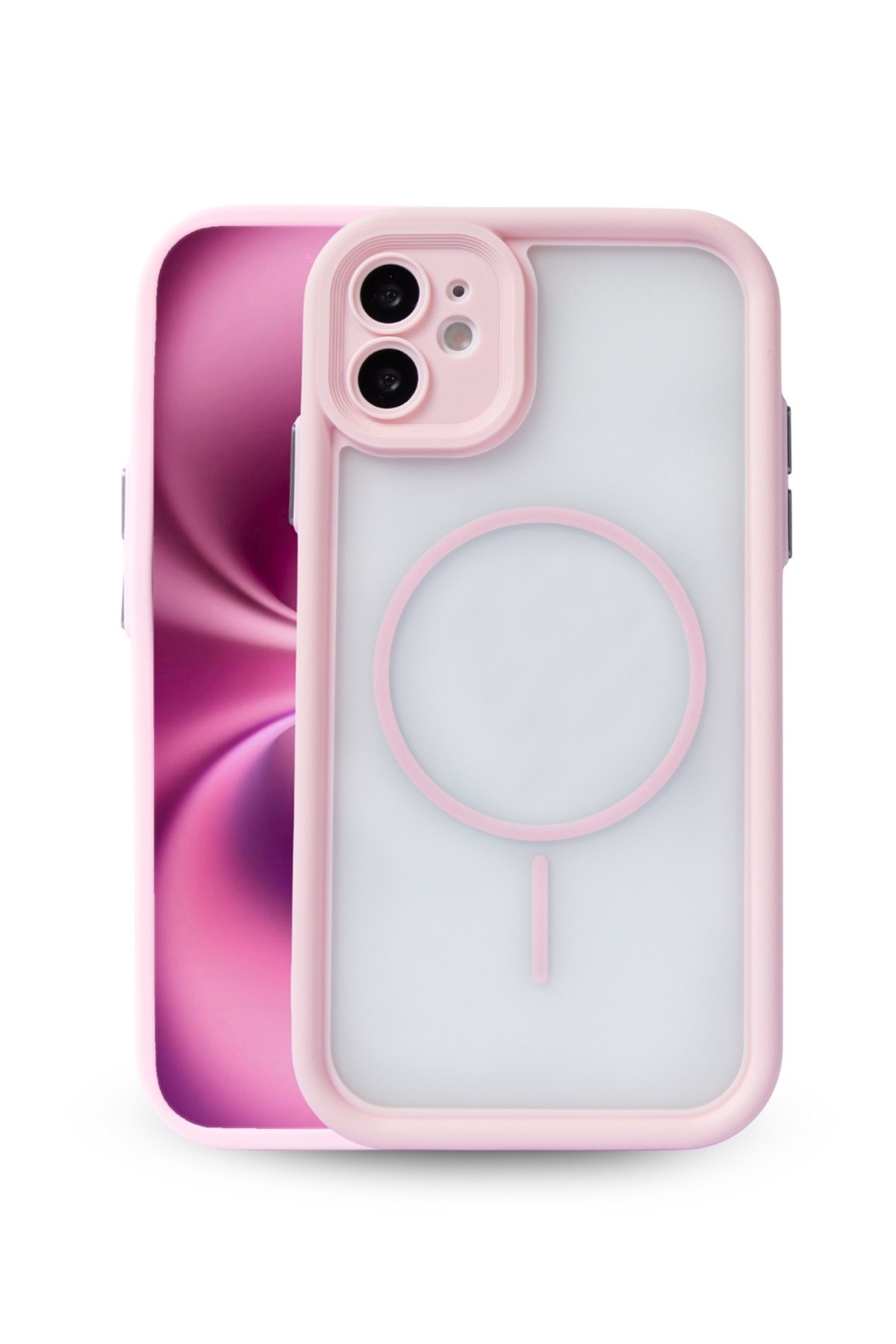 iPhone 12 Kılıf – Kamera Korumalı – MagSafe Uyumlu – Pembe Renk – Mat Silikon Telefon Kılıfı