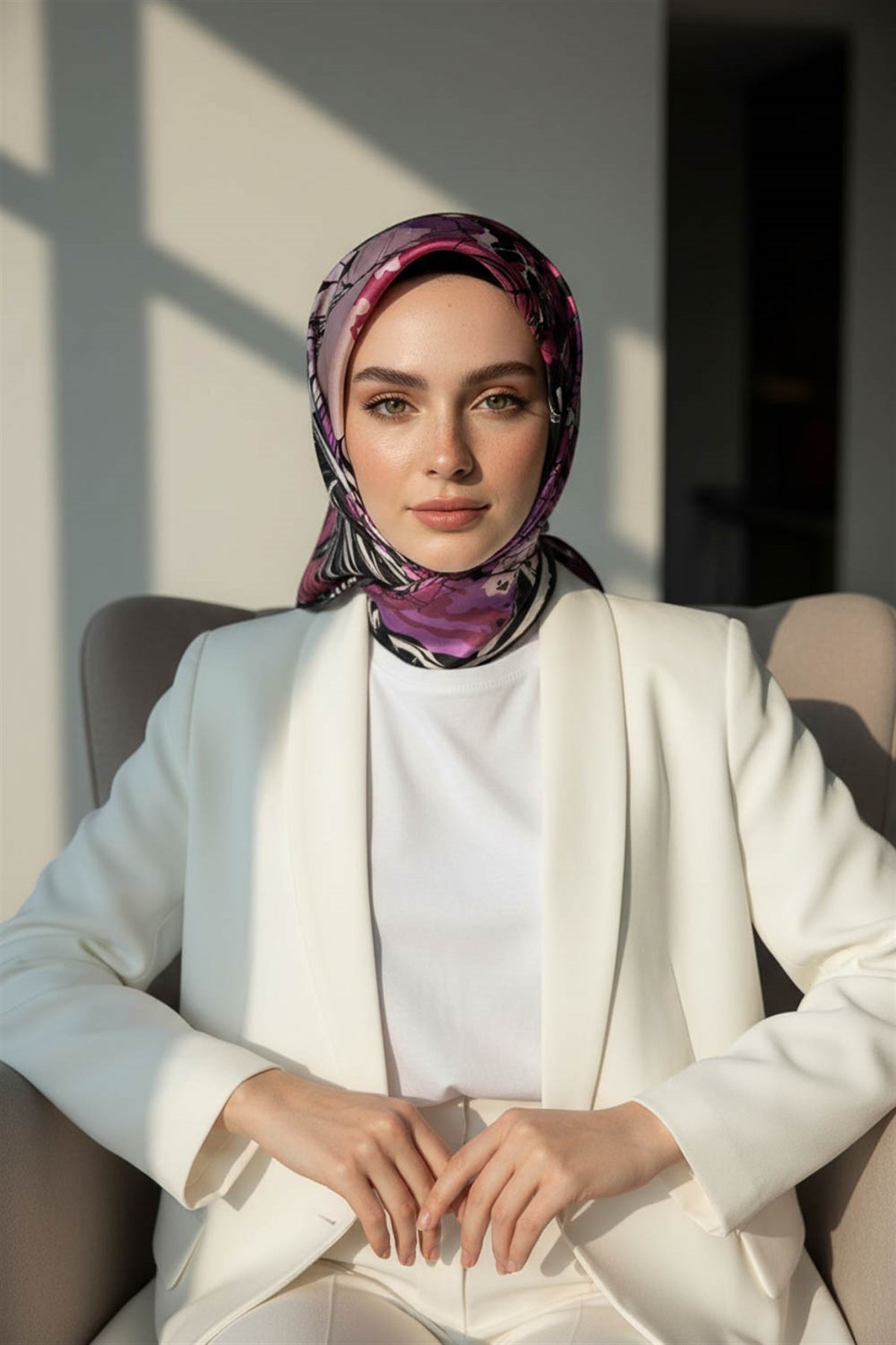 %100 Twill İpek Yaprak Desenli Mor - Mürdüm Renkli 90x90 Eşarp Dikim Şekli : El Dikişi