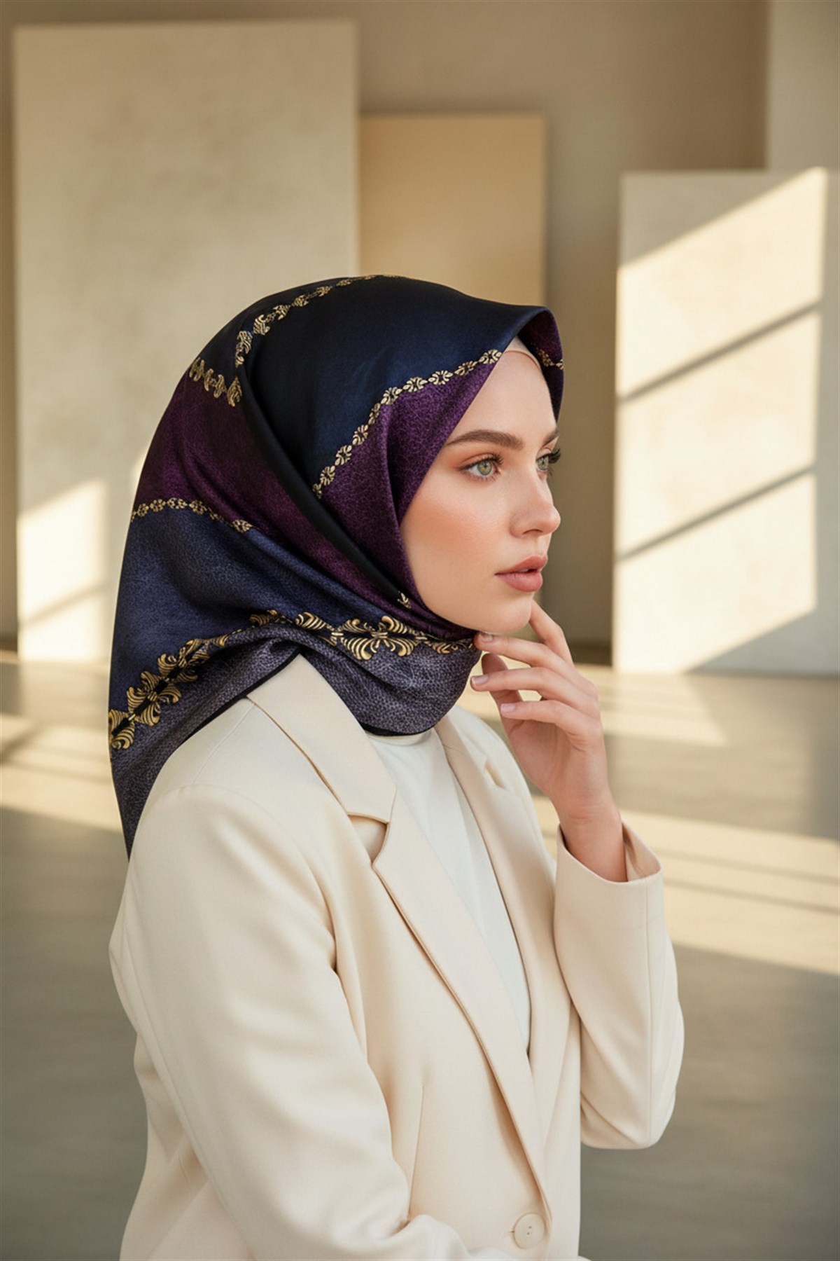 %100 Twill İpek Geometrik Desenli İndigo - Mürdüm Renkli 90x90 Eşarp Dikim Şekli : El Dikişi
