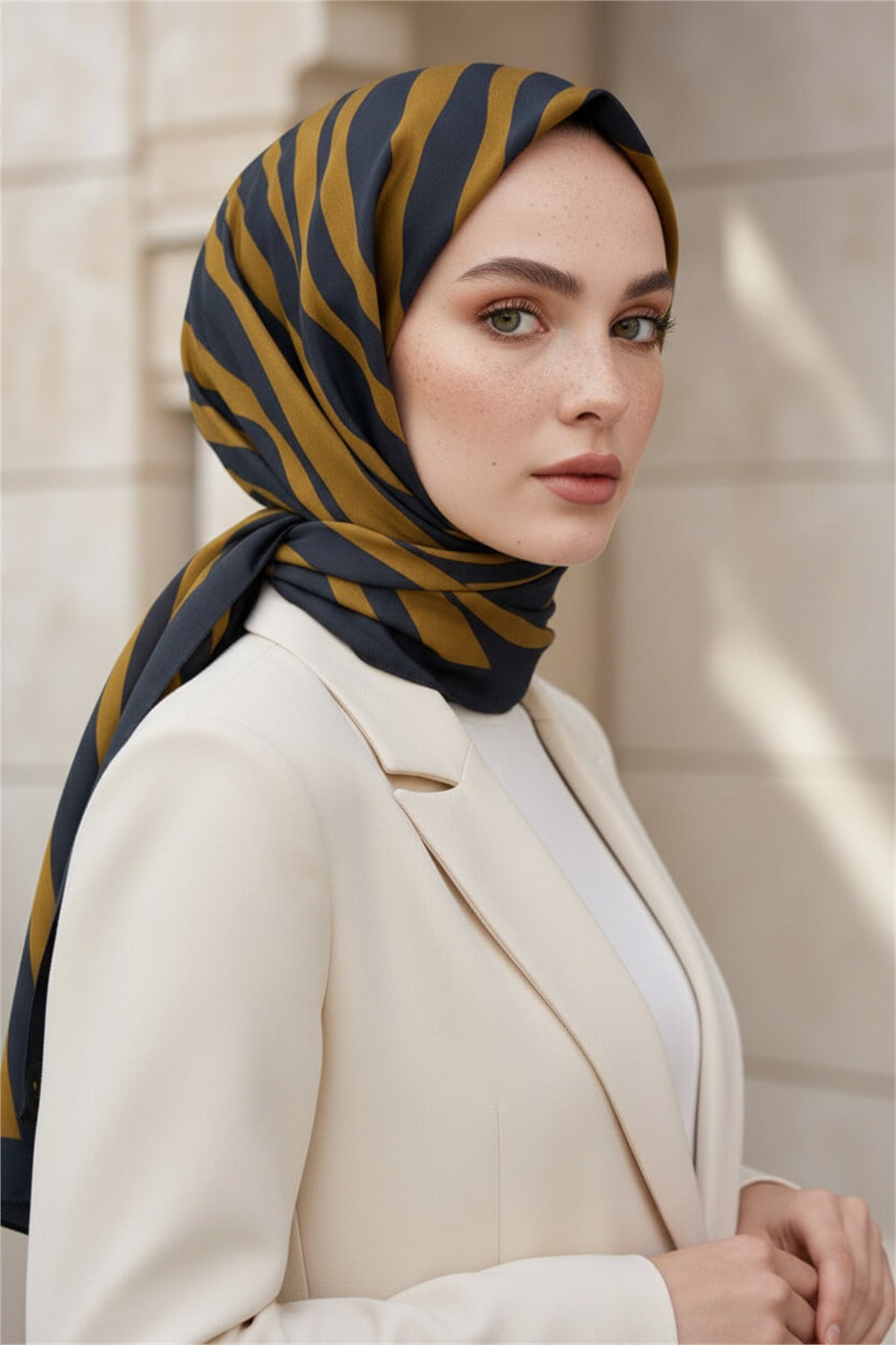 Kırışmaz Krep Şal Zebra Desenli Siyah Hardal 75x190 cm – Kolay Şekil Alan