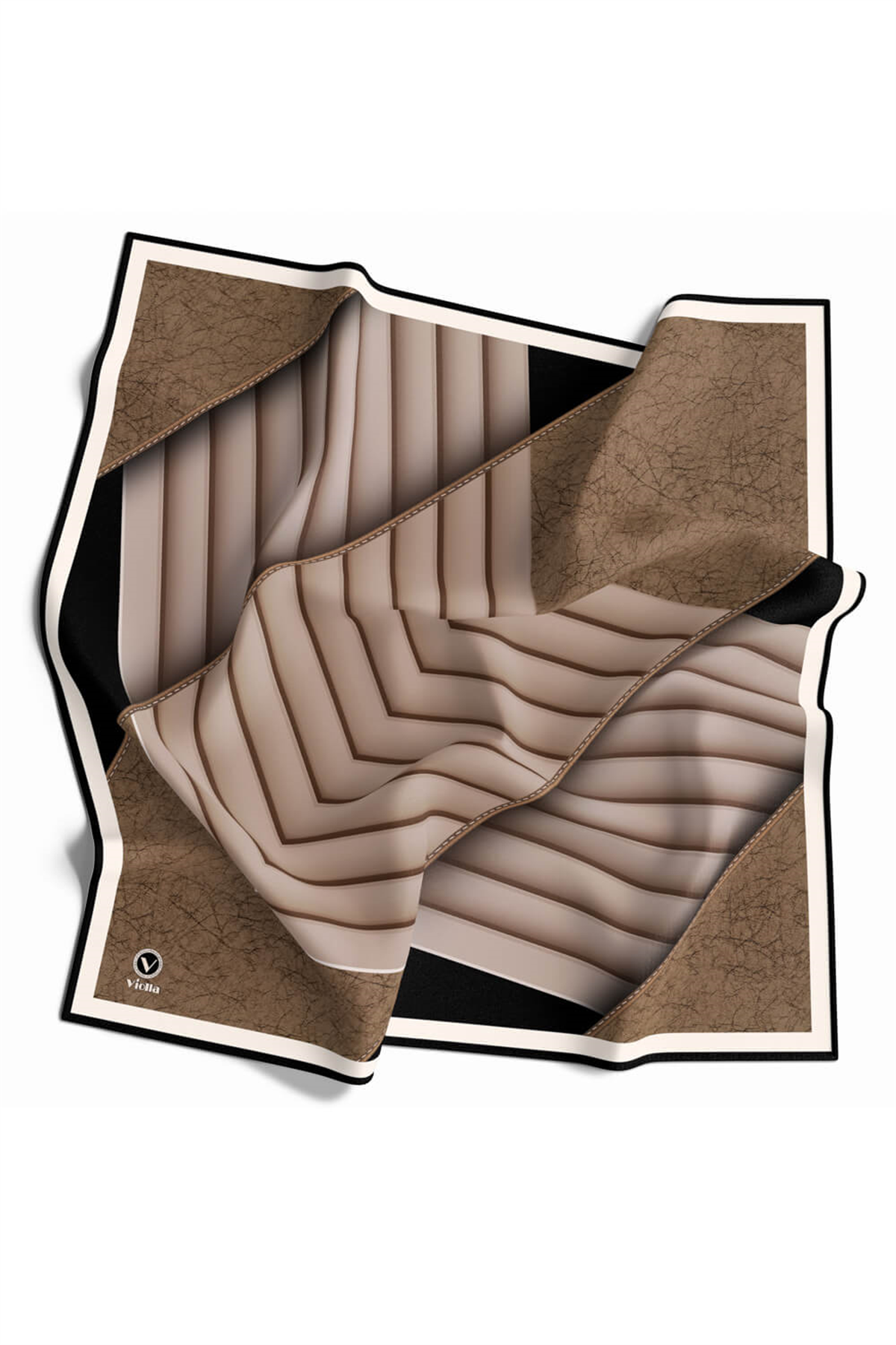 Twill Zigzag Desenli Bej Renkli 90x90 Eşarp (İpek İçermez) Kenar Dikiş Şekli El Dikişli