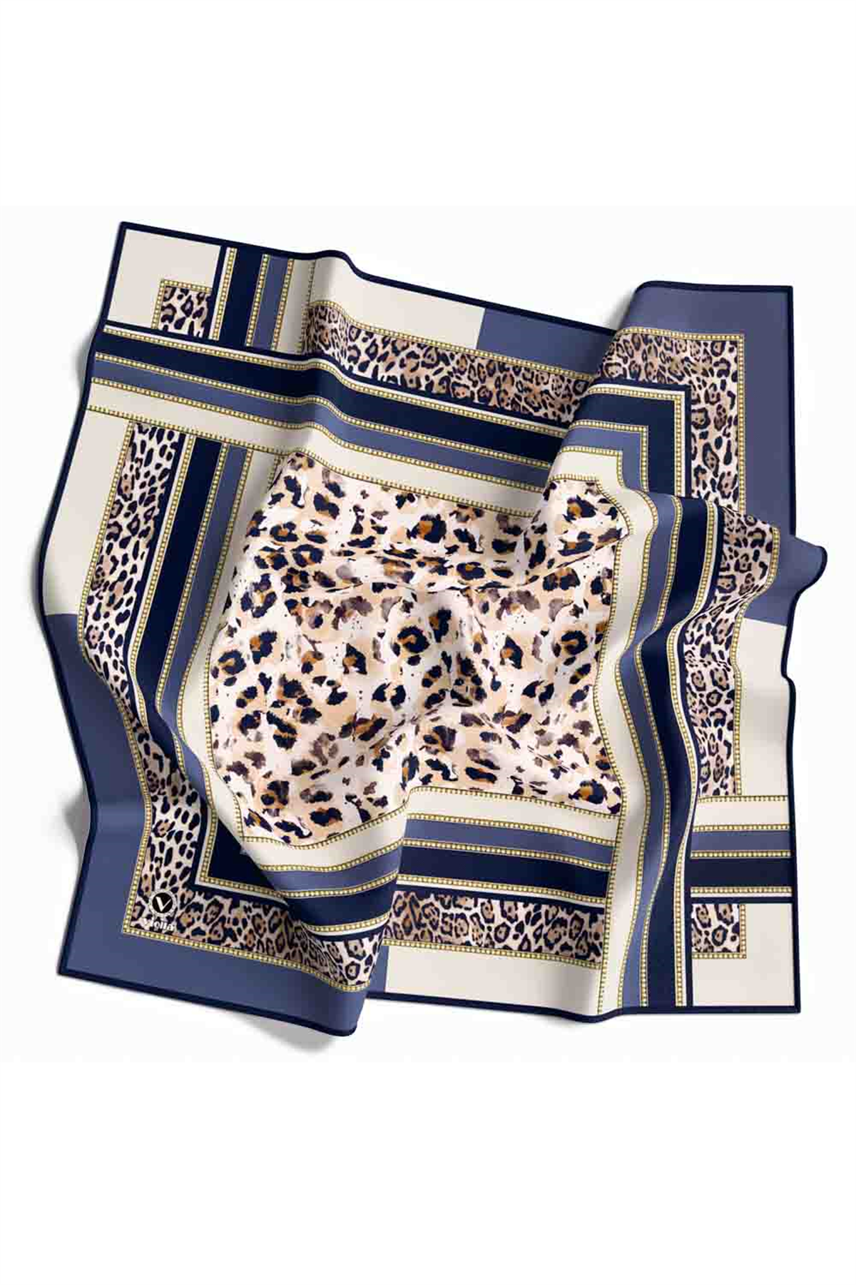Twill Kemerli ve Leopar Desenli İndigo Renkli 90x90 Eşarp (İpek İçermez) Dikim Şekli : El Dikişi