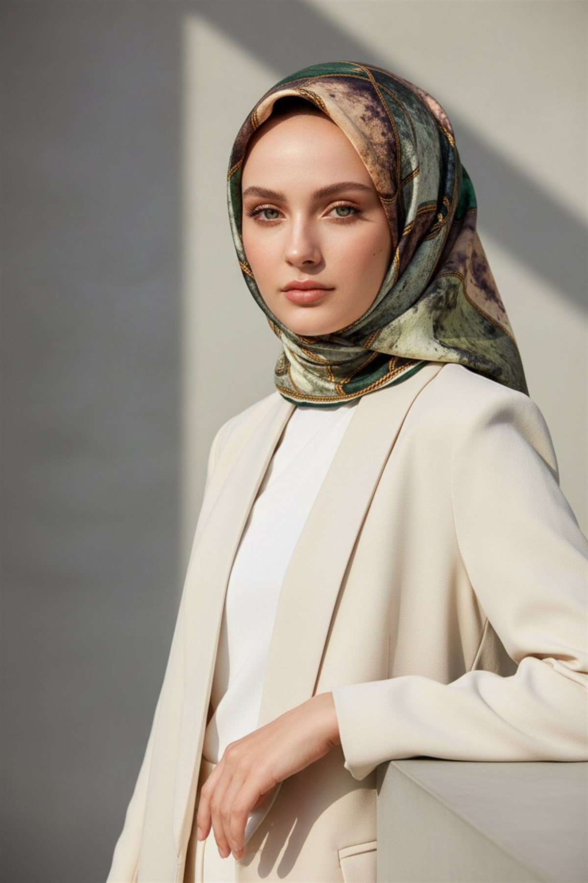 % 57 İPEK % 43 VİSKON Twill İpek Zincirli Mermer Desenli Zümrüt Yeşili - Haki Renkli 90x90 Eşarp Dikim Şekli : El Dikişi