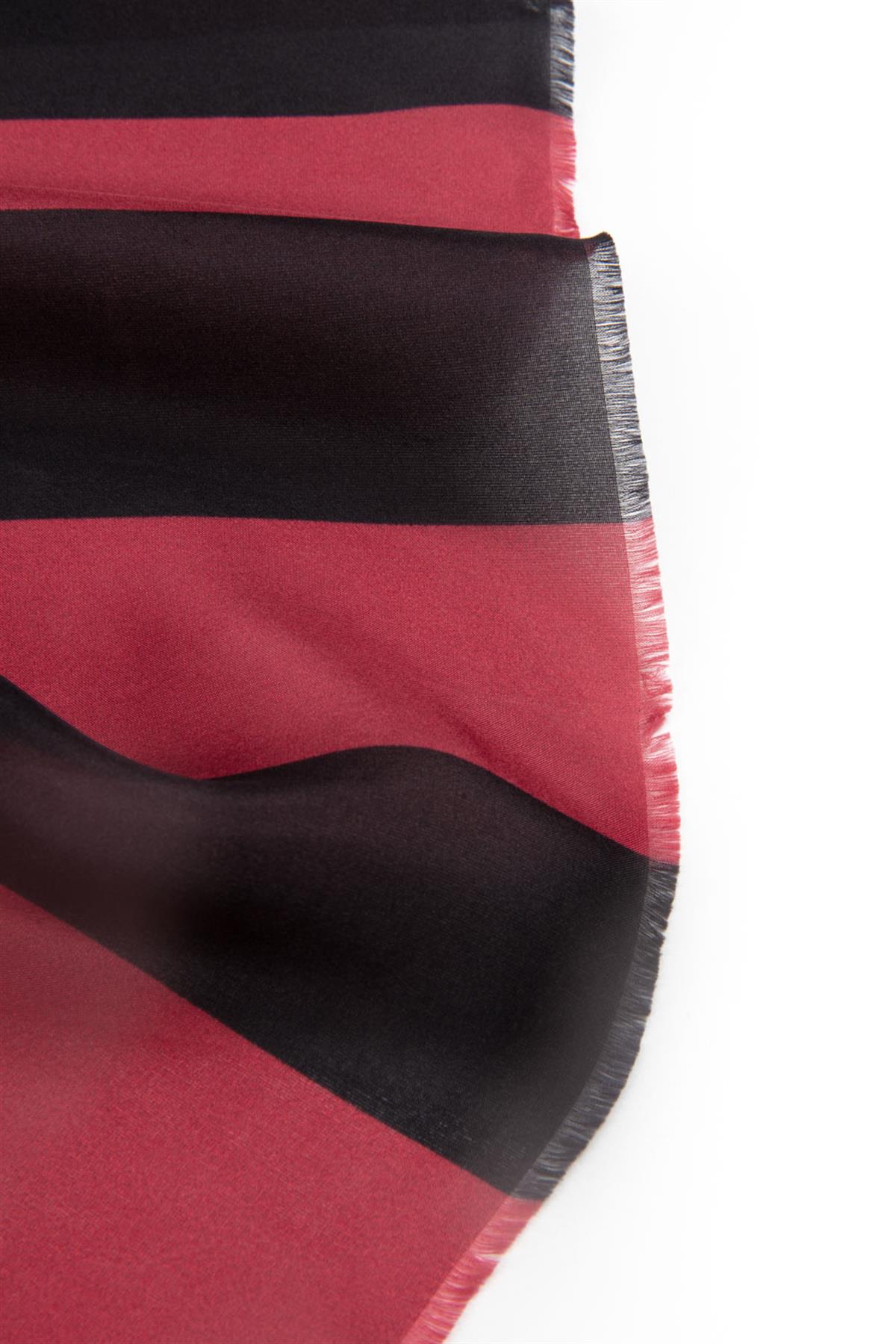 %100 İpek Şerit Ve Varak Desenli Kırmızı - Bej Renkli 92x210 Şal