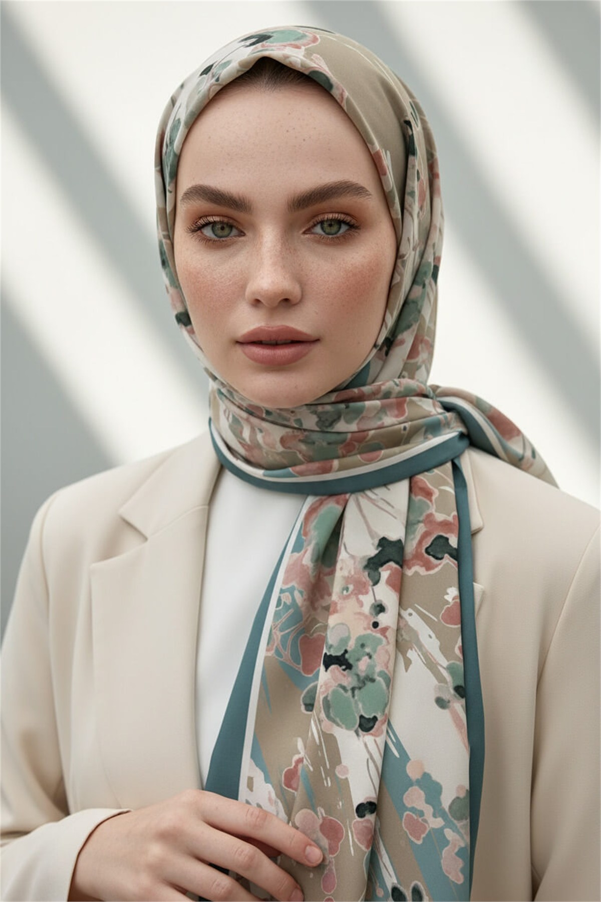 KREP BAHAR DALI DESENLİ KOYU MİNT YEŞİLİ RENKLİ 75X195 KIRIŞMAZ ŞAL