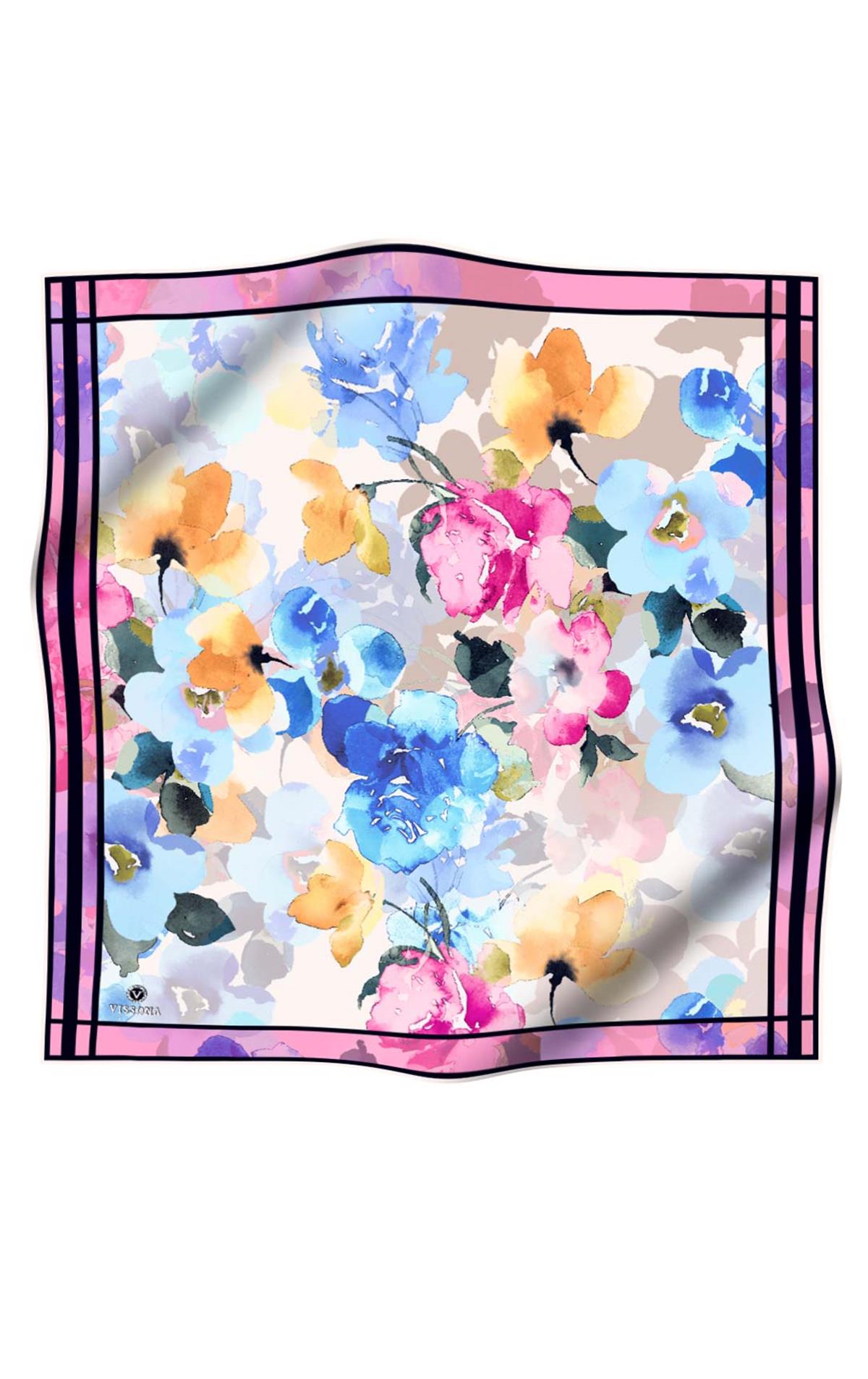 %100 Twill İpek Sulu Boyalı Çiçek Desenli Pembe - Bebe Mavisi Renkli 90x90 Eşarp Dikim Şekli : El Dikişi