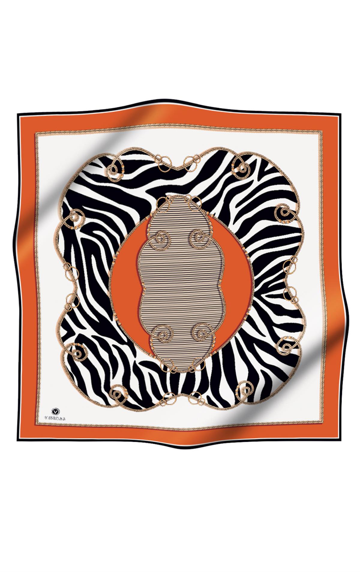 %100 Twill İpek Zincirli Ve Zebra Desenli Taba - Siyah Renkli 90x90 Eşarp Dikim Şekli : El Dikişi