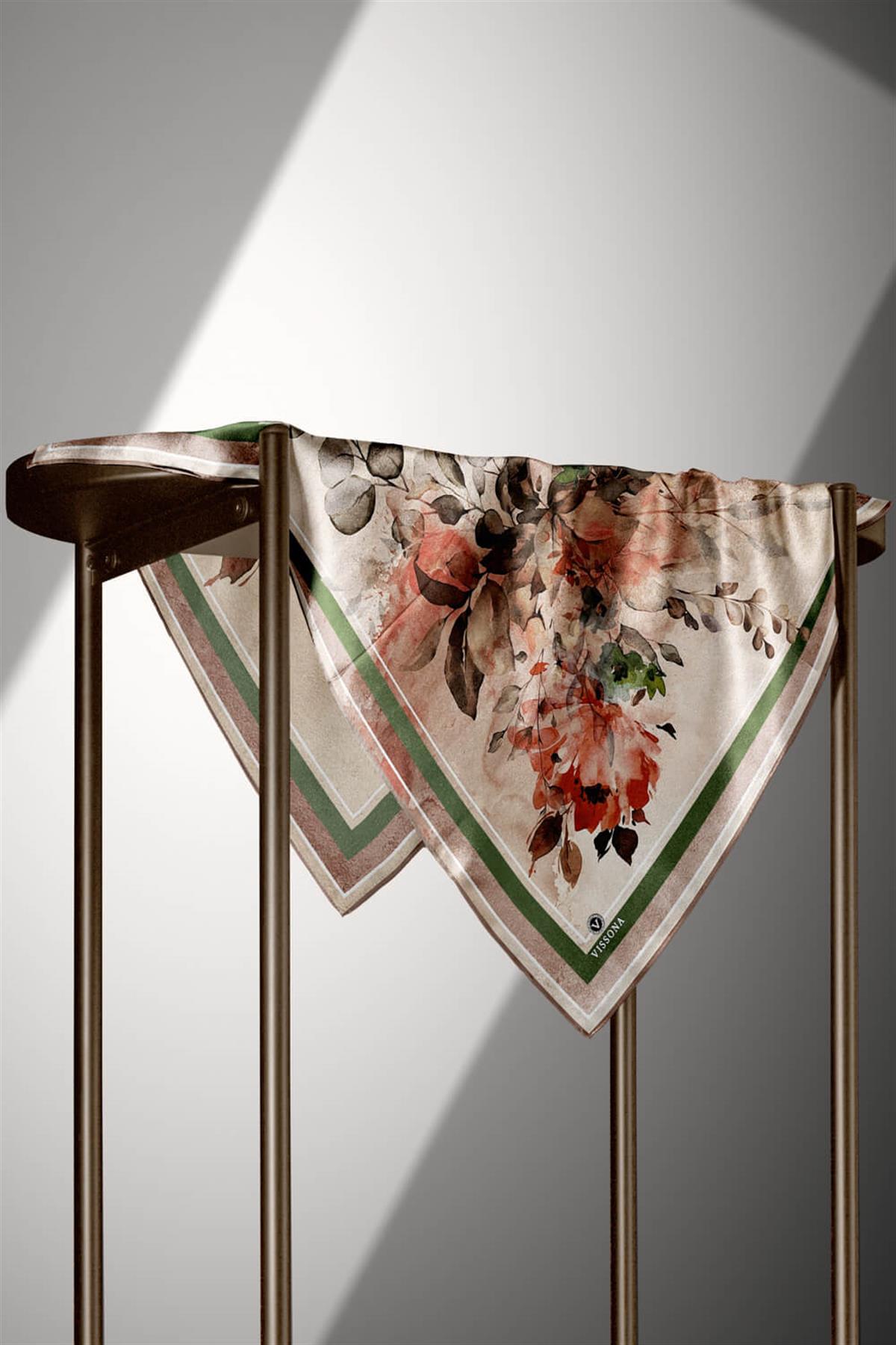 %100 Twill İpek Bahar Çiçekleri Desenli Narçiçeği - Haki Renkli 90x90 Eşarp Dikim Şekli : El Dikişi