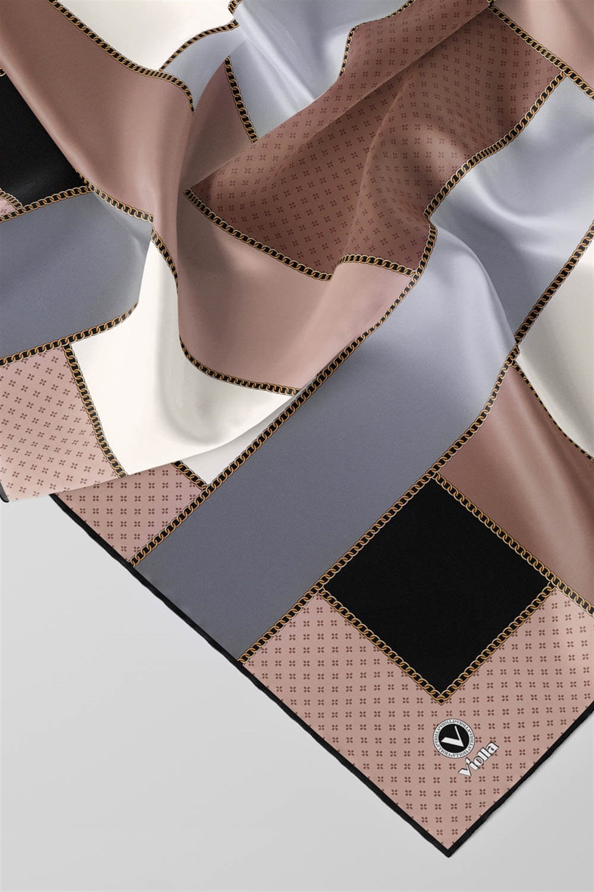 Twill Geometrik Desenli Gri - Bej Renkli 90x90 Eşarp (İpek İçermez) Kenar Dikiş Şekli El Dikişli