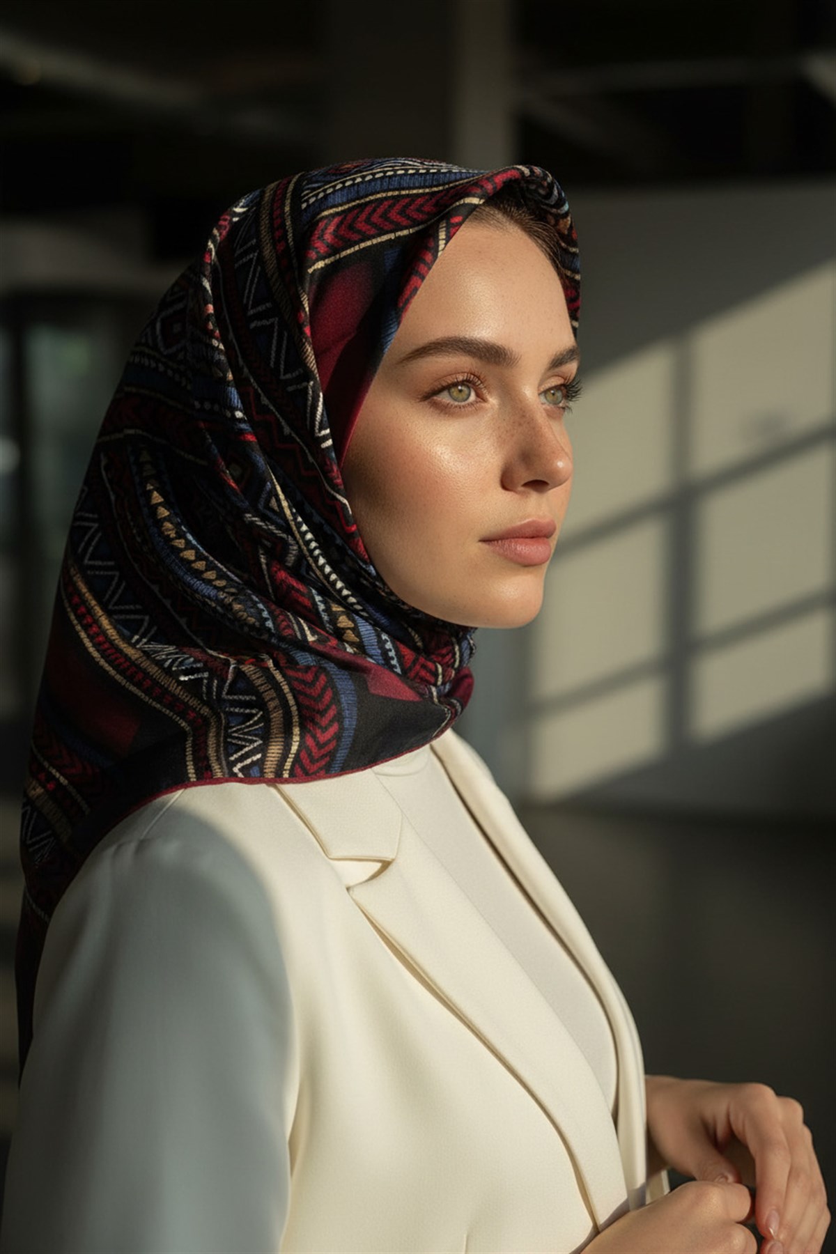%100 Twill İpek Etnik Desenli Lacivert - Bordo  Renkli 90x90 Eşarp Dikim Şekli : El Dikişi