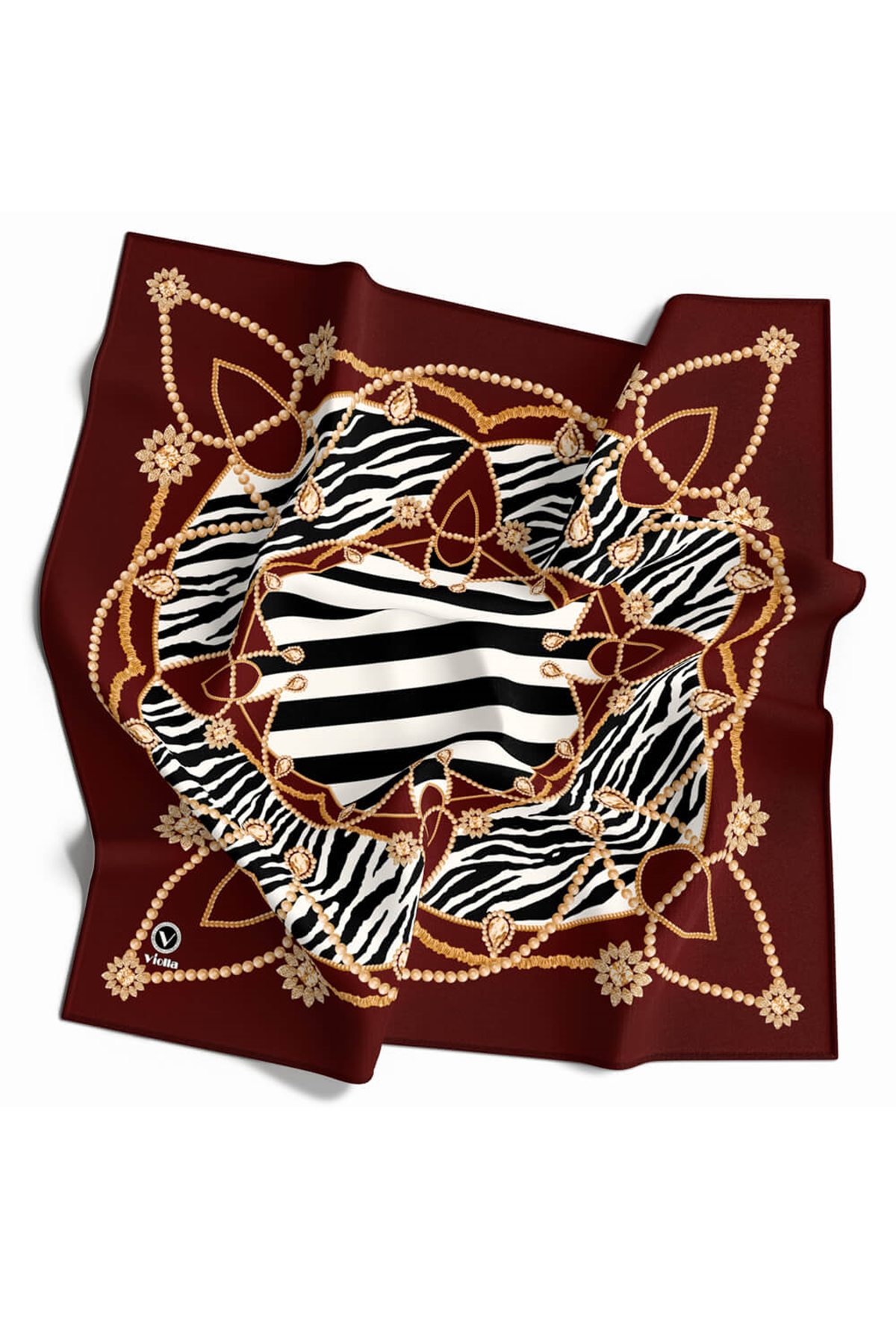 Twill Gold Detaylı Zebra Desenli Bordo Renkli 90x90 Eşarp (İpek İçermez) Kenar Dikiş Şekli El Dikişli