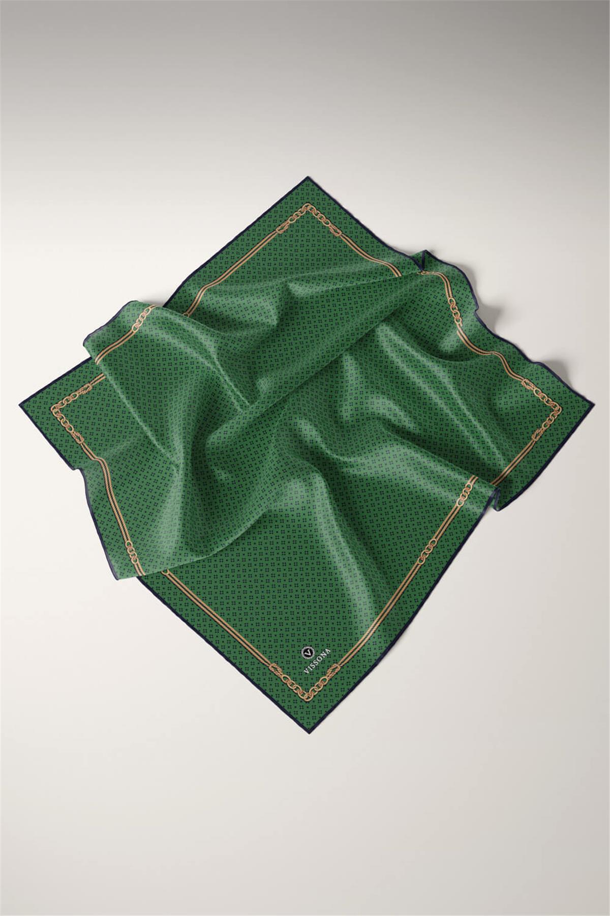 %100 Twill İpek Zincir Desenli Zümrüt Yeşili - Siyah Renkli 90x90 Eşarp Dikim Şekli : El Dikişi