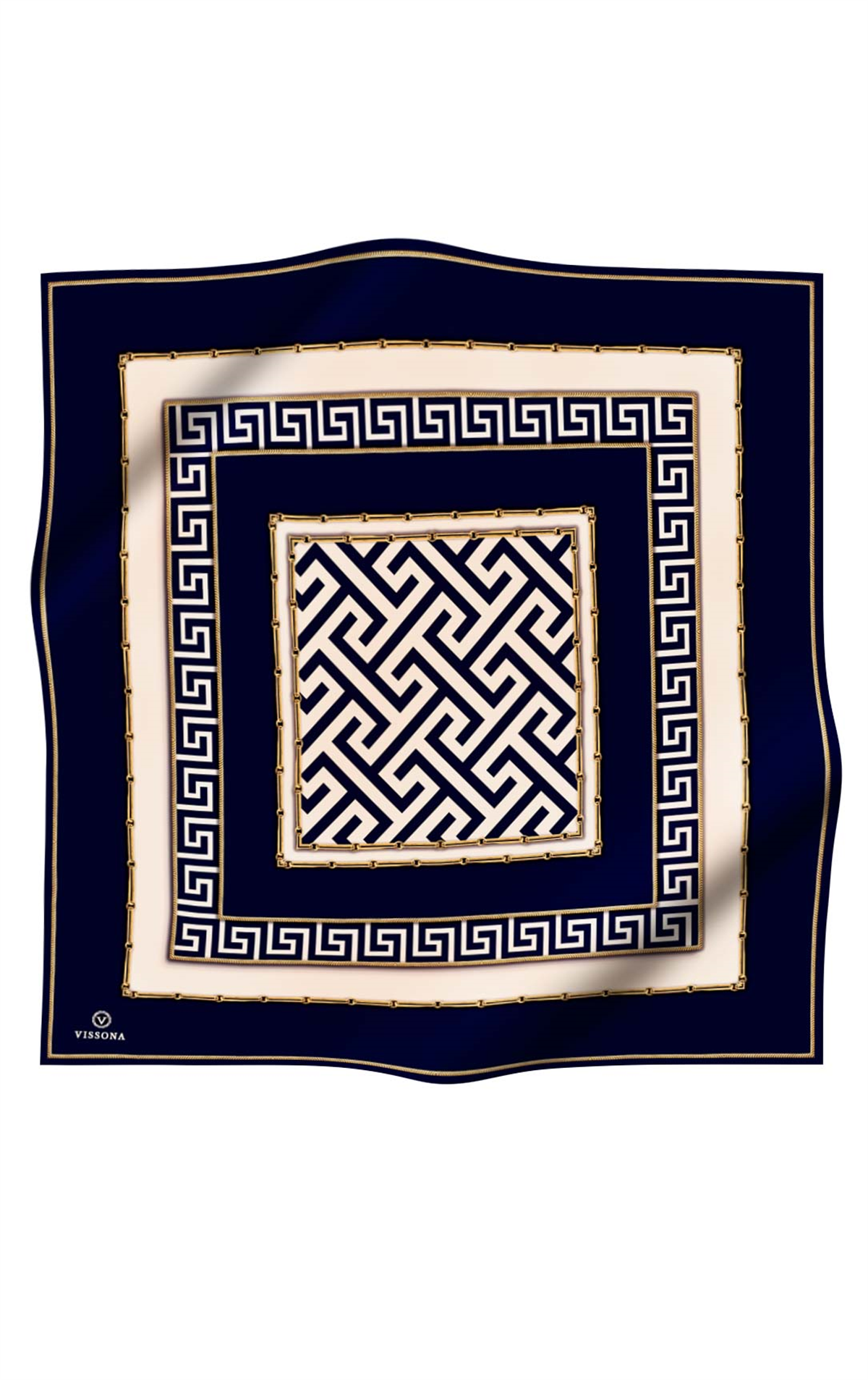 %100 Twill İpek Labirent Ve Geometrik Desenli Lacivert - Krem Renkli 90x90 Eşarp Dikim Şekli : El Dikişi