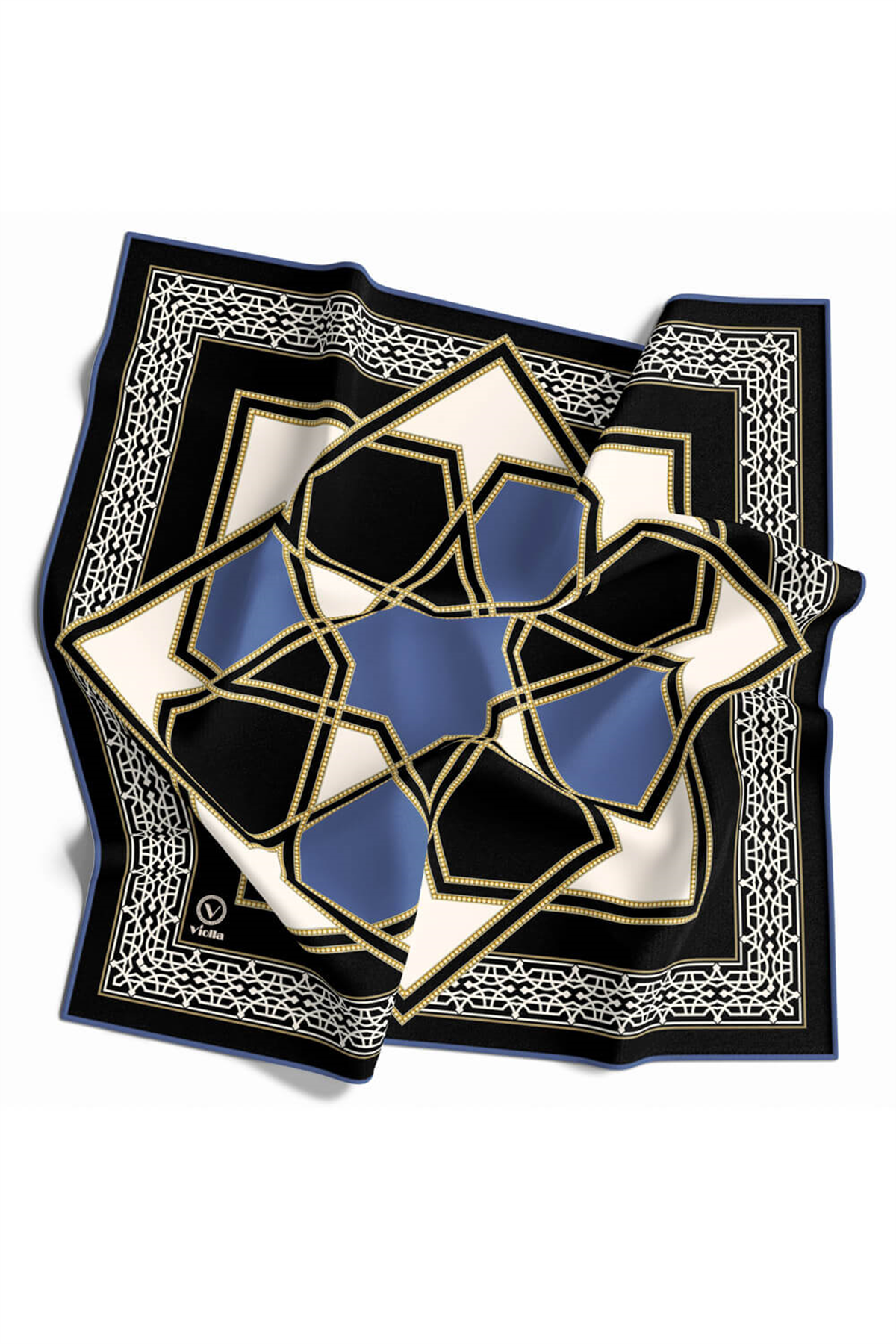 Twill Osmanlı Çini Desenli İndigo Renkli 90x90 Eşarp (İpek İçermez)Kenar Dikiş Şekli El Dikişli