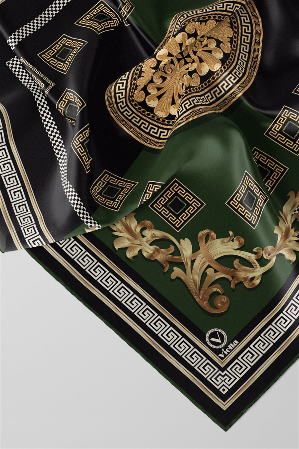 Twill Barok Desenli Zümrüt Yeşili Renkli 90x90 Eşarp (İpek İçermez) Kenar Dikiş Şekli El Dikişli