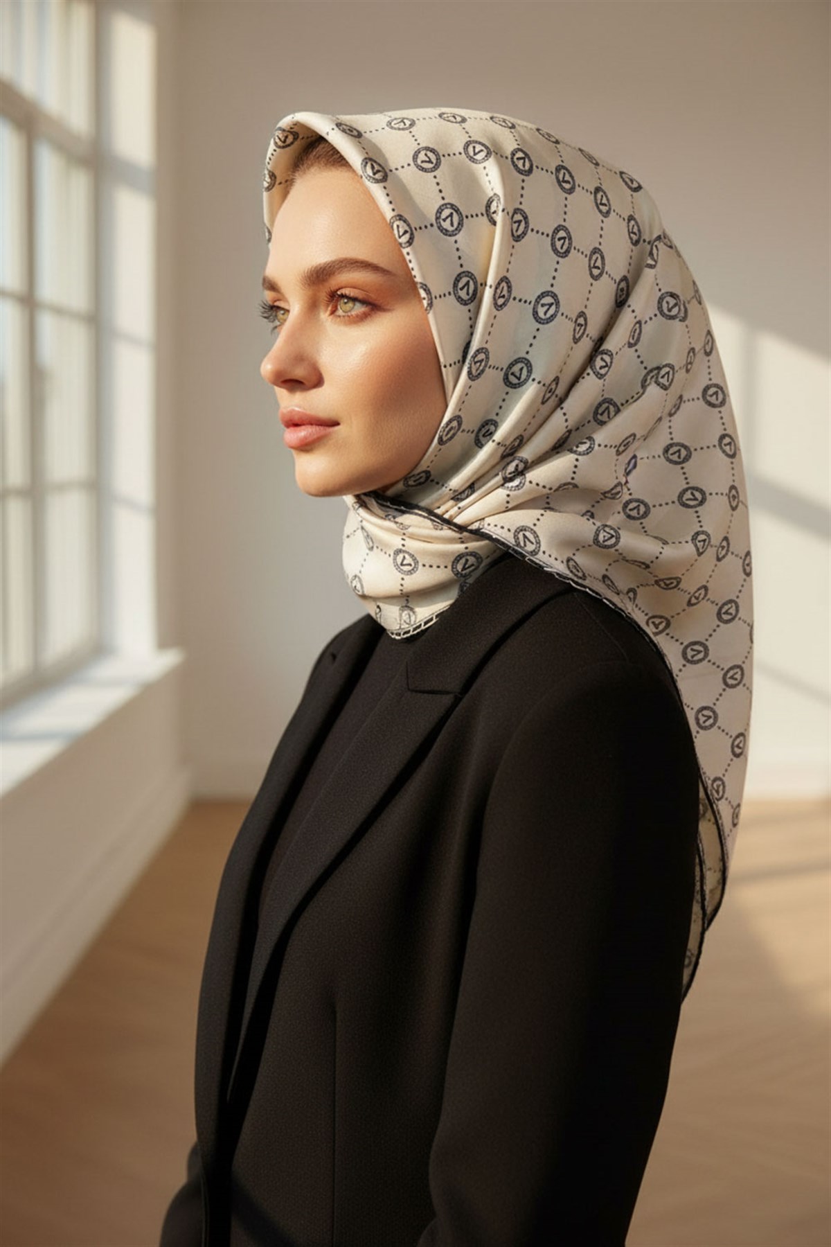 %100 Twill İpek Monogram Desenli Krem - Siyah Renkli 90x90 Eşarp Dikim Şekli : El Dikişi