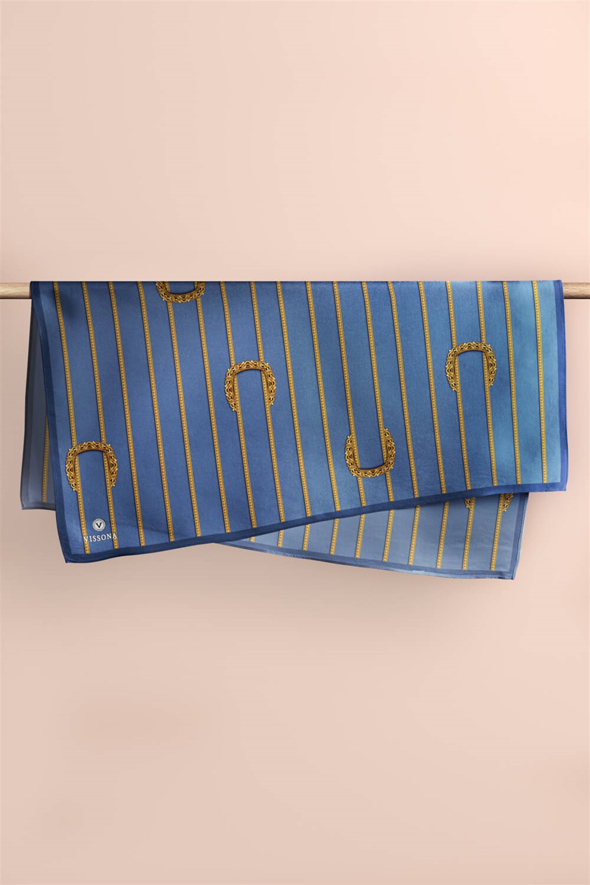 %100 Twill İpek Kemer Desenli Gold - İndigo Renkli 90x90 Eşarp Dikim Şekli : El Dikişi