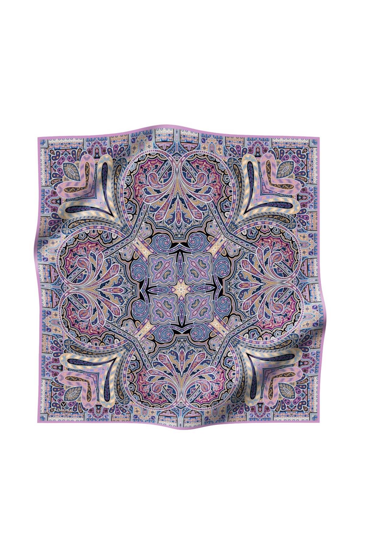 100% Twill İpek Etnik Desenli Lila Renkli 90x90 Dikim Şekli : El Dikişi Eşarp