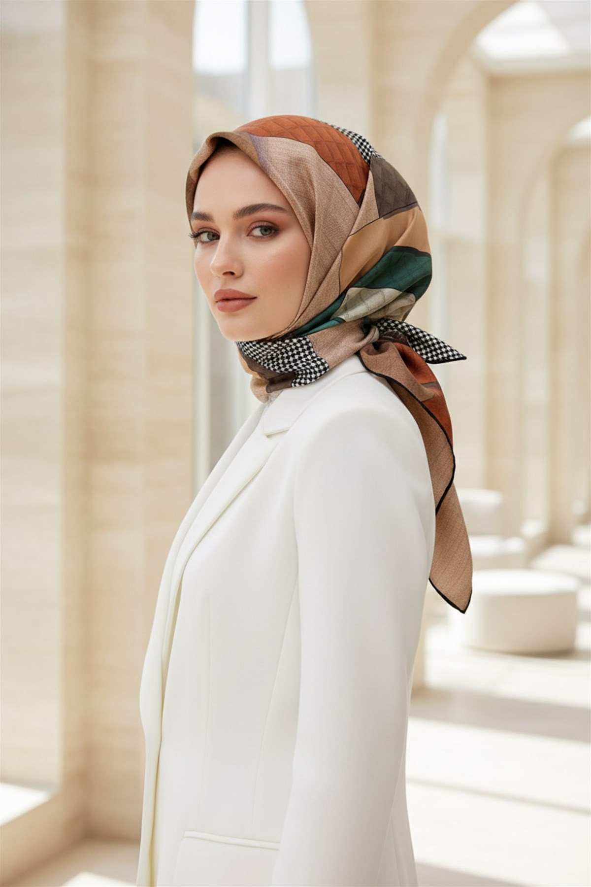 %100 Twill İpek Kazayaklı Ve Geometrik Desenli Somon - Petrol Yeşili Renkli 90x90 Eşarp Dikim Şekli : El Dikişi