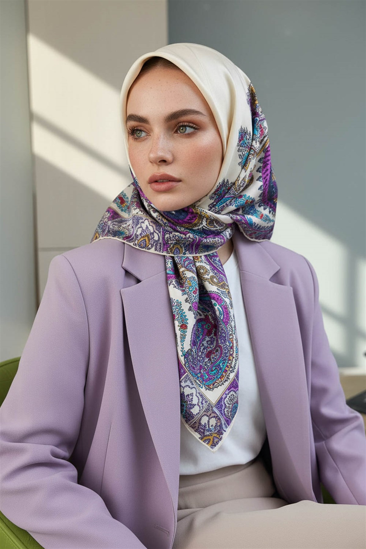 100% Twill İpek Etnik Desenli Krem - Fuşya Renkli 90x90 Dikim Şekli : El Dikişi Eşarp