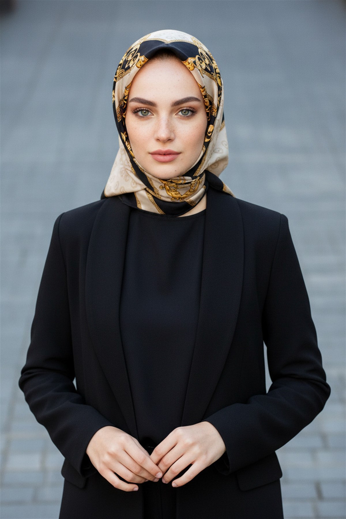 %100 Twill İpek Monogramlı Ve Barok Desenli Siyah - Krem Renkli 90x90 Eşarp Dikim Şekli : El Dikişi