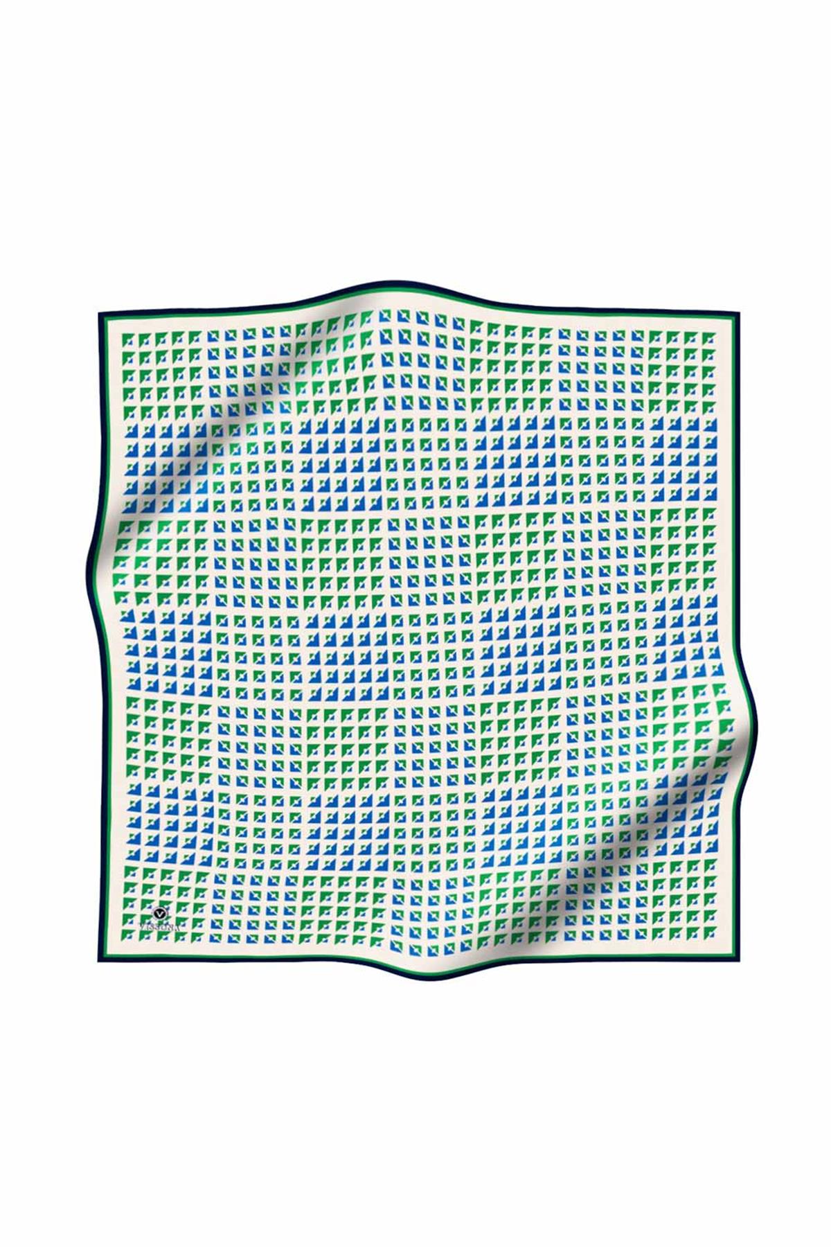%100 Twill İpek Geometrik Desenli Benetton Yeşili - Saks Renkli 90x90 Eşarp Dikim Şekli : El Dikişi