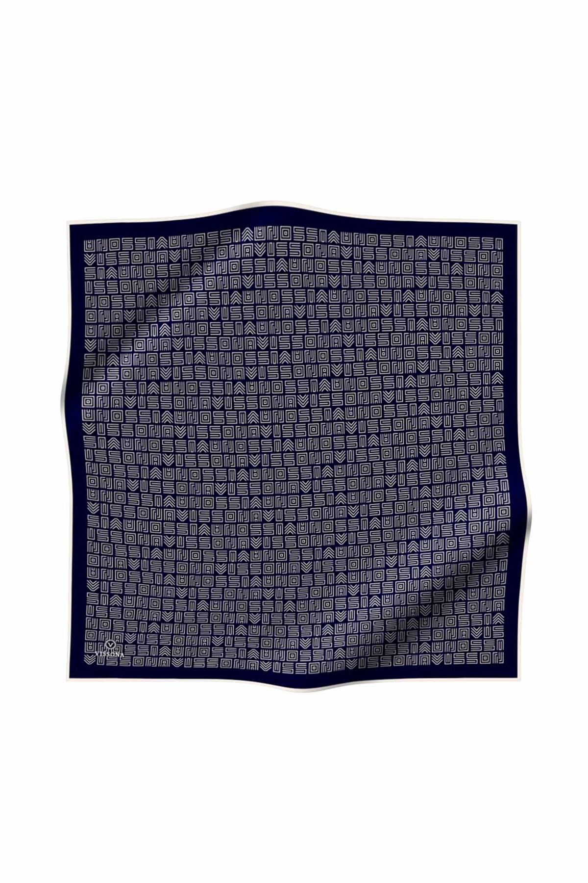 100% Twill İpek Etnik Motif Desenli Lacivert - Krem Renkli 90x90 Dikim Şekli : El Dikişi Eşarp