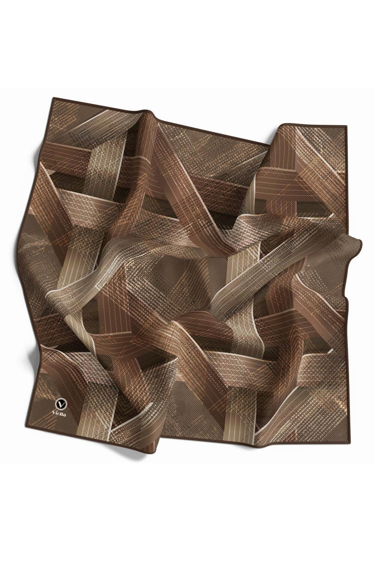 Twill Dokulu Geometrik Desenli Vizon Renkli 90x90 Eşarp (İpek İçermez) Kenar Dikiş Şekli El Dikişli