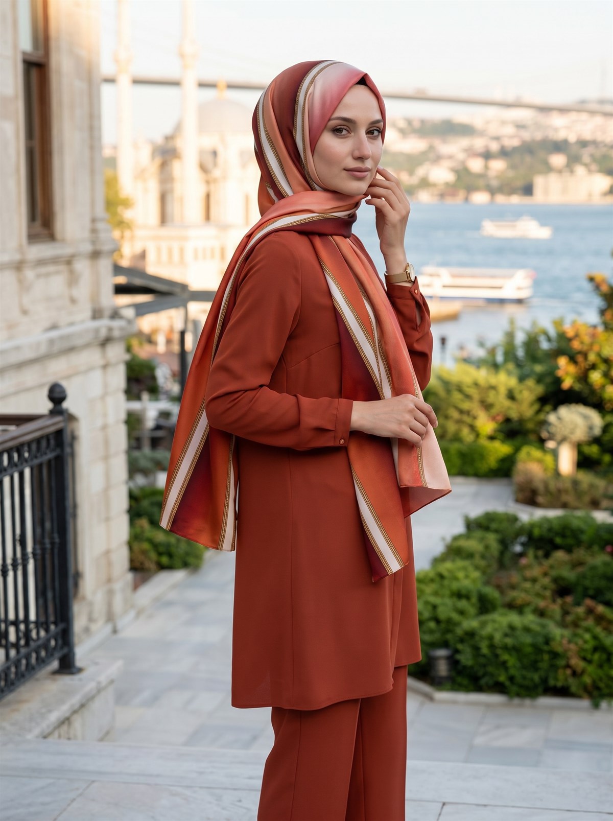 %100 Saf İpek Şal İnce Saten Vual Dokuma Şerit Desenli Taba - Krem Renkli 90x210 Şal