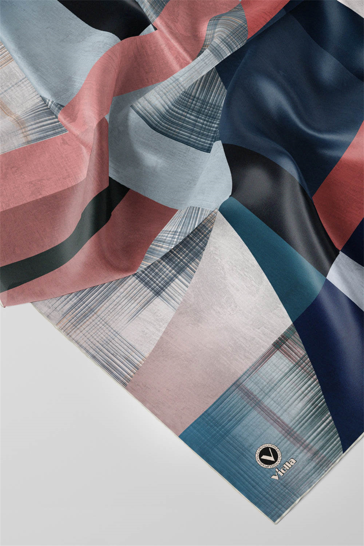 Twill Geometrik Desenli Pudra Renkli 90x90 Eşarp (İpek İçermez) Kenar Dikiş Şekli El Dikişli