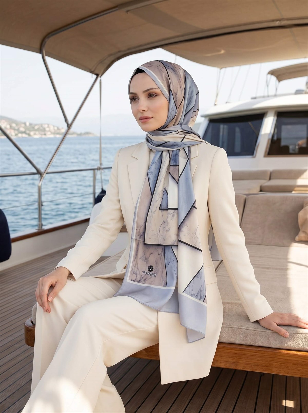 %100 Saf İpek Şal İnce Saten Vual Dokuma Mermer Desenli Bej - Gri Renkli 90x210 Şal