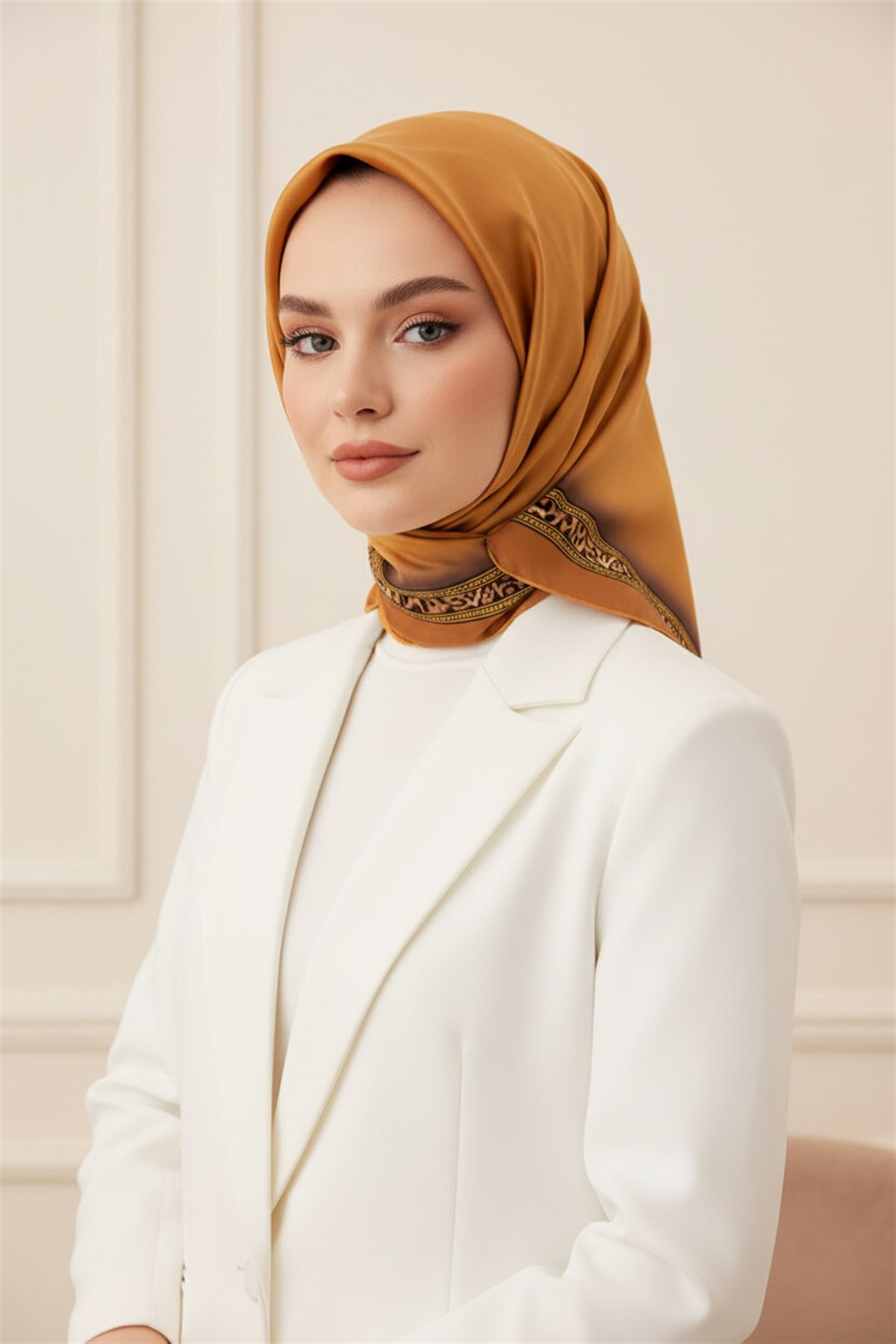 %100 Twill İpek Bordürü Leoparlı Düz Desenli Gold - Gold Renkli 90x90 Eşarp Dikim Şekli : El Dikişi
