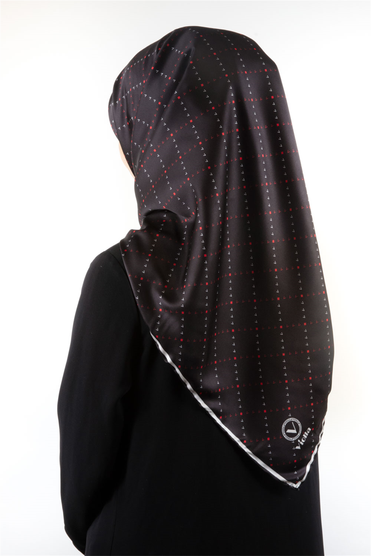Twill Noktalı V Desenli Siyah - Bordo Renkli 90x90 Eşarp (İpek İçermez) Kenar Dikiş Şekli El Dikişli