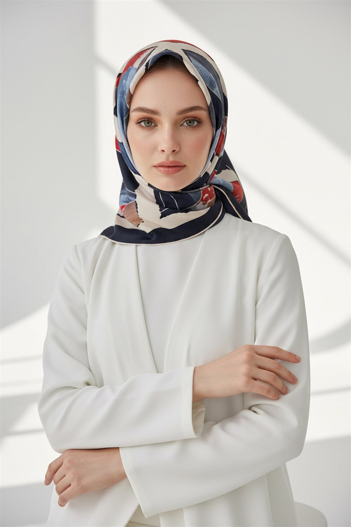 %100 Twill İpek Geometrik Desenli Lacivert - Kırmızı Renkli 90x90 Eşarp Dikim Şekli : El Dikişi