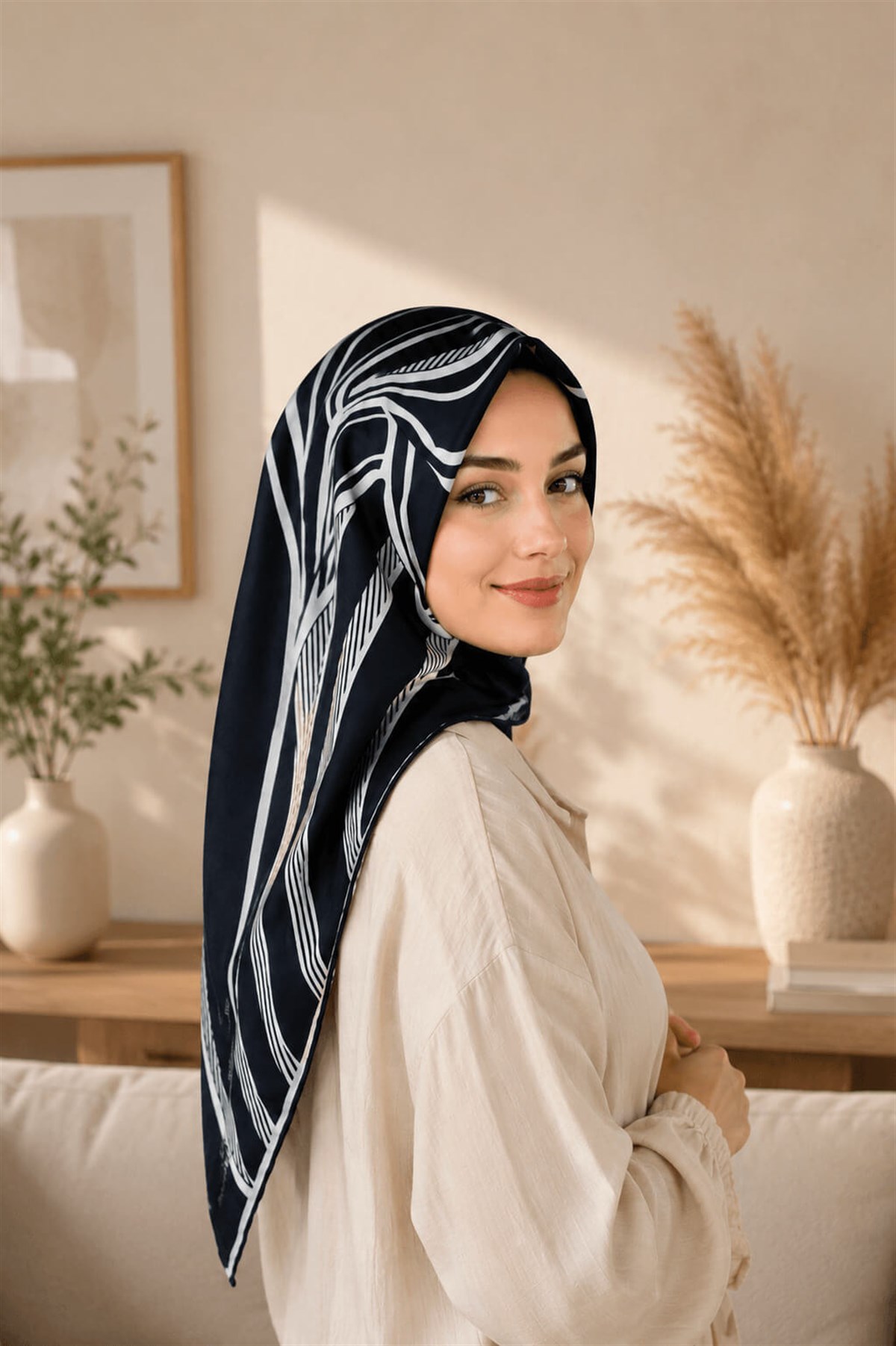 %100 Twill İpek Çizgili Çiçek Desenli Lacivert - Krem Renkli 90x90 Eşarp Dikim Şekli : El Dikişi