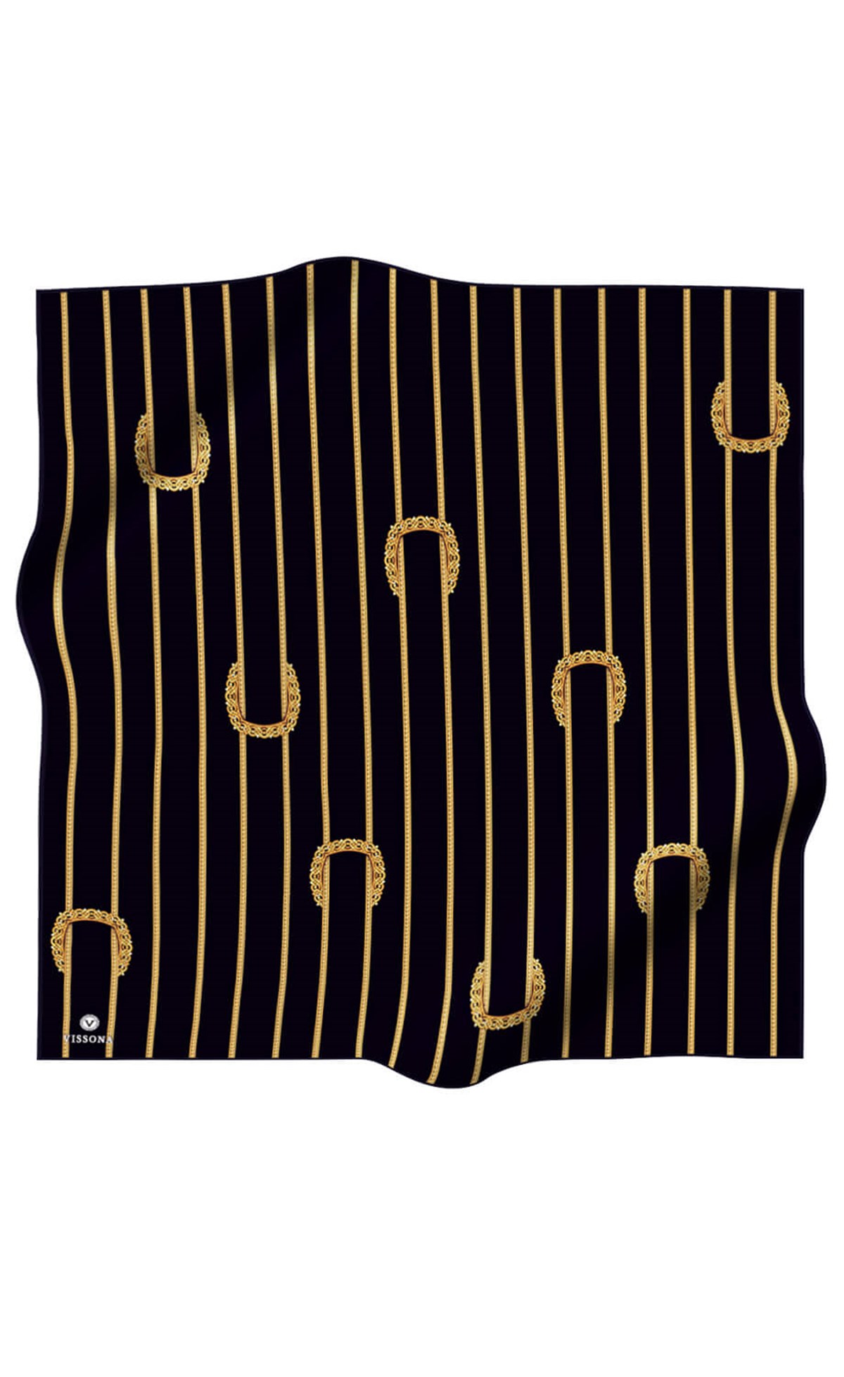 %100 Twill İpek Kemer Desenli Siyah - Siyah Renkli 90x90 Eşarp Dikim Şekli : El Dikişi
