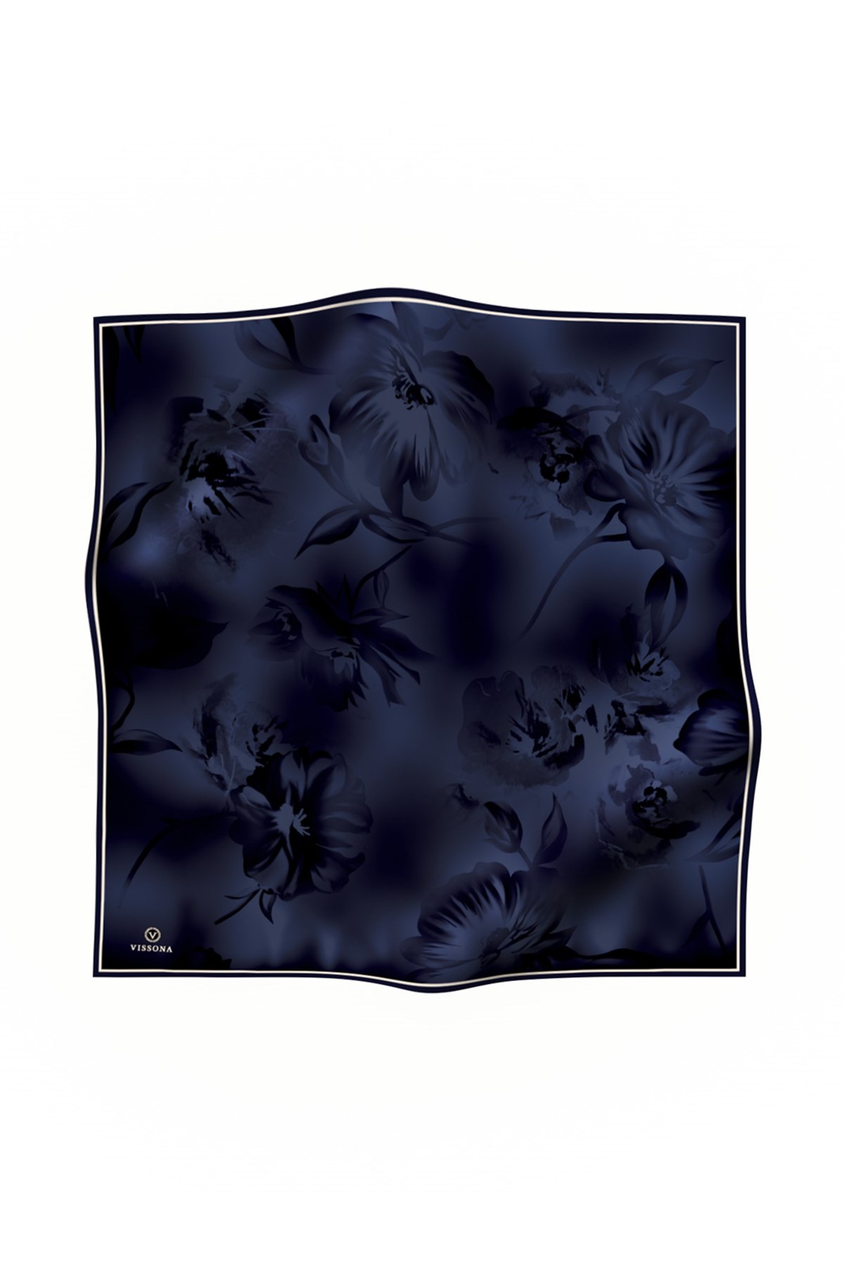 100% Twill İpek Çiçek Desenli Lacivert Renkli 90x90 Dikim Şekli : El Dikişi Eşarp