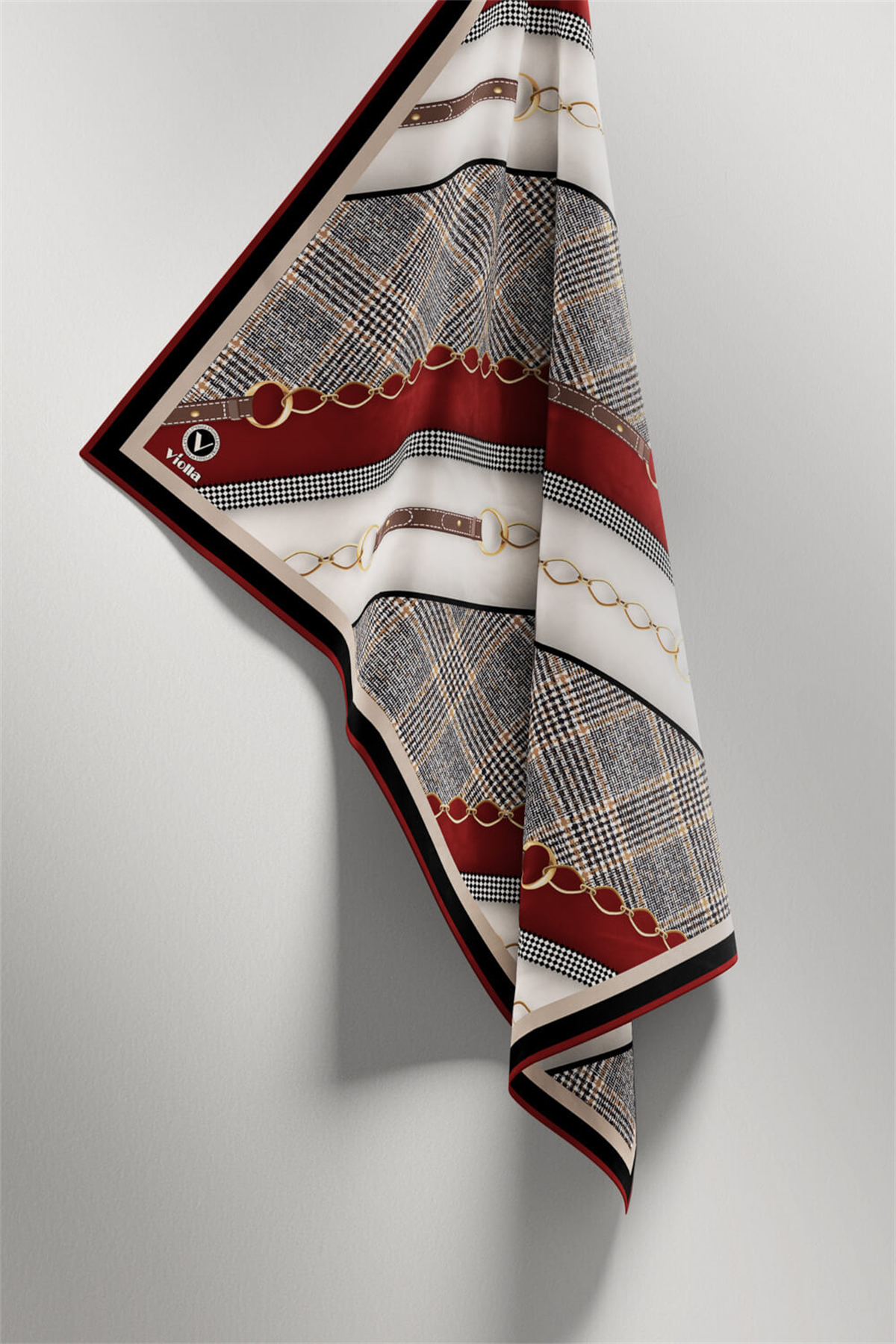Twill Kemer Desenli Bordo Renkli 90x90 Eşarp (İpek İçermez) Kenar Dikiş Şekli El Dikişli