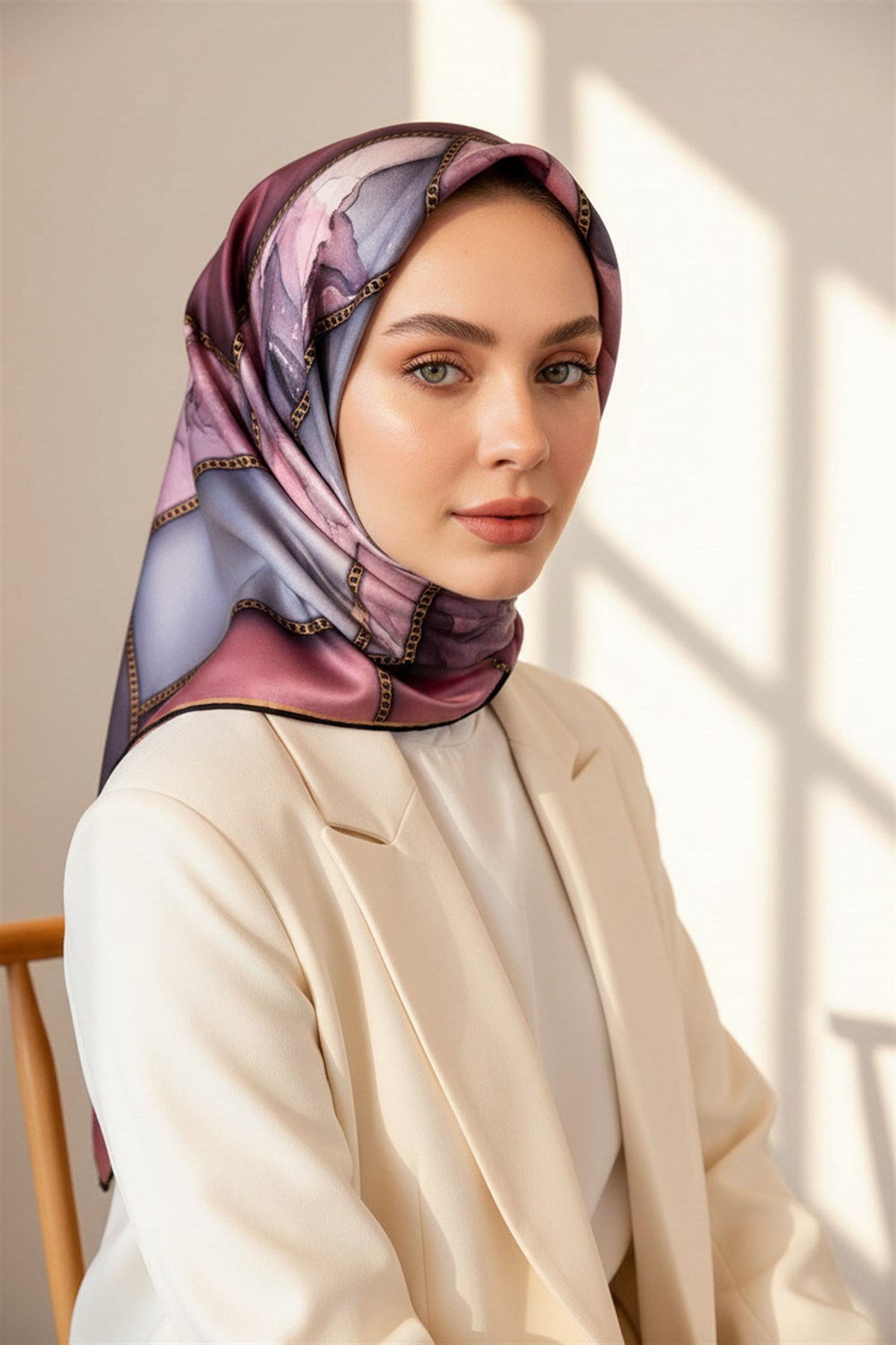 % 57 İPEK % 43 VİSKON Twill İpek Efektli Bant Desenli Lila - Gri Renkli 90x90 Eşarp Dikim Şekli : El Dikişi