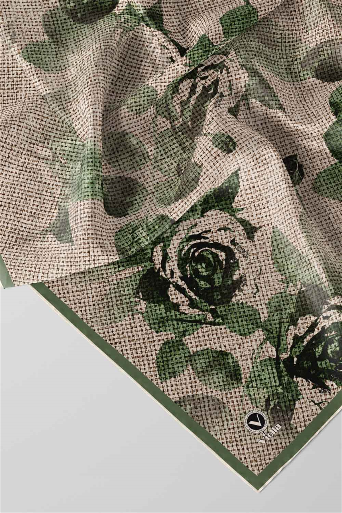 Twill Gül Desenli Zümrüt Yeşili Renkli 90x90 Eşarp (İpek İçermez) Kenar Dikiş Şekli El Dikişli