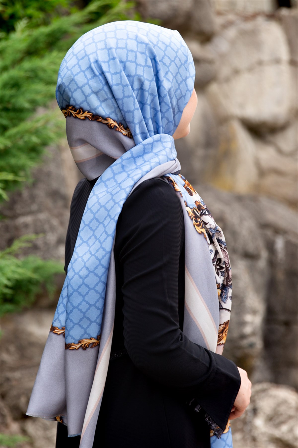 %100 İpek Dokuma Çiçek Desenli Bebe Mavisi - Gri Renkli 92x210 Şal