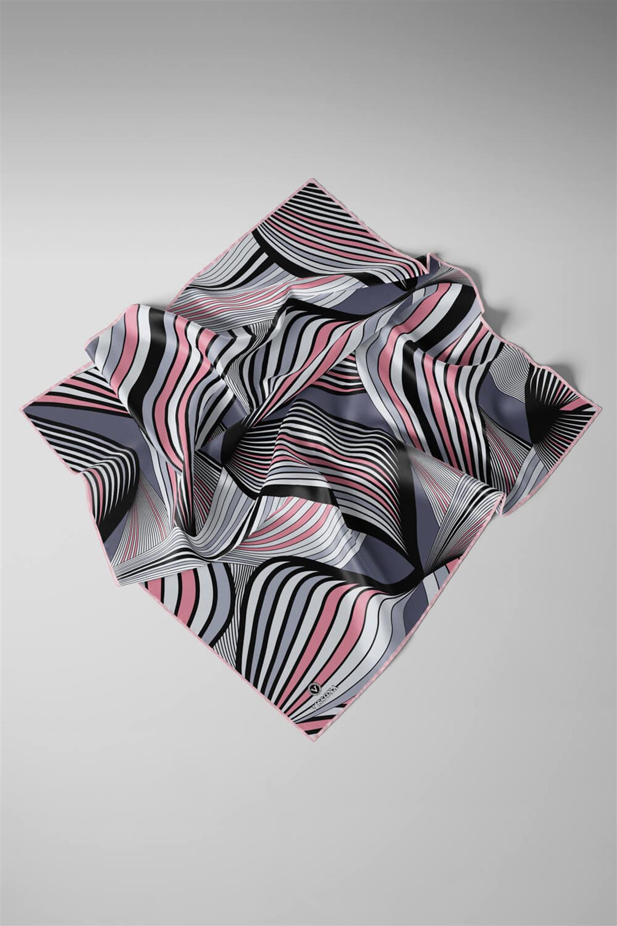 %100 Twill İpek Okyanus Dalgası Desenli Pudra - Gri Renkli 90x90 Eşarp Kenar Dikiş Şekli El Dikişli