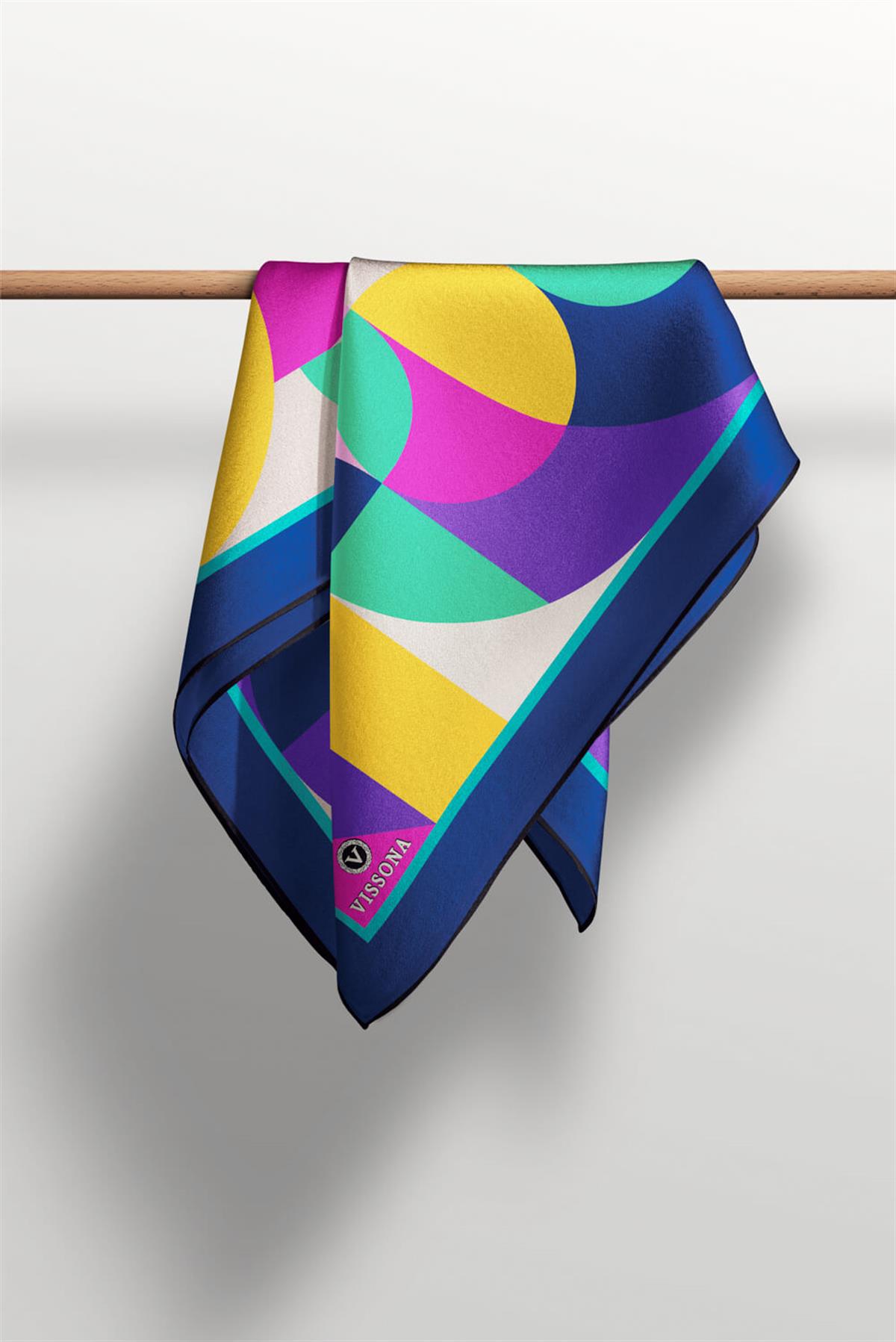 %100 Twill Renk Bloklu Çizgili Desenli Pembe - Lacivert Renkli 90x90 Eşarp Dikim Şekli: El Dikişii