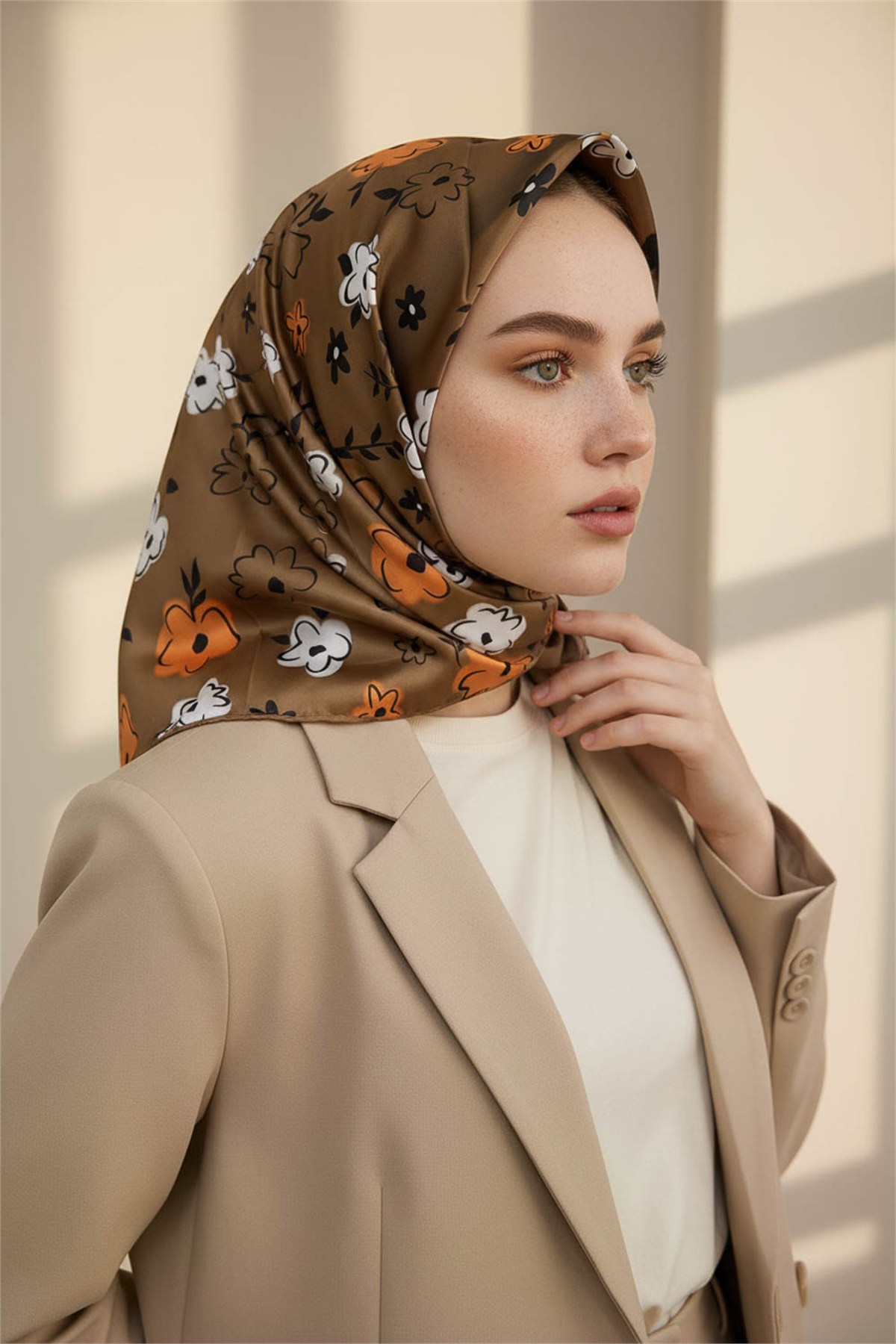Rayon Papatya Desenli Vizon Renkli 90x90 Eşarp (İpek İçermez) Kenar Dikiş Şekli El Dikişli