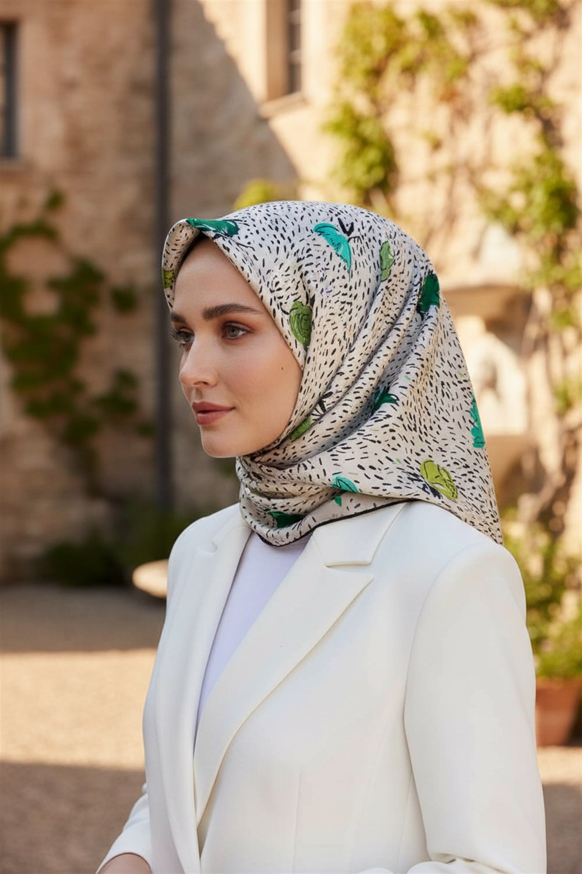 %100 Twill İpek Çıtır Çiçek Desenli Haki - Krem Renkli 90x90 Eşarp Dikim Şekli : El Dikişi