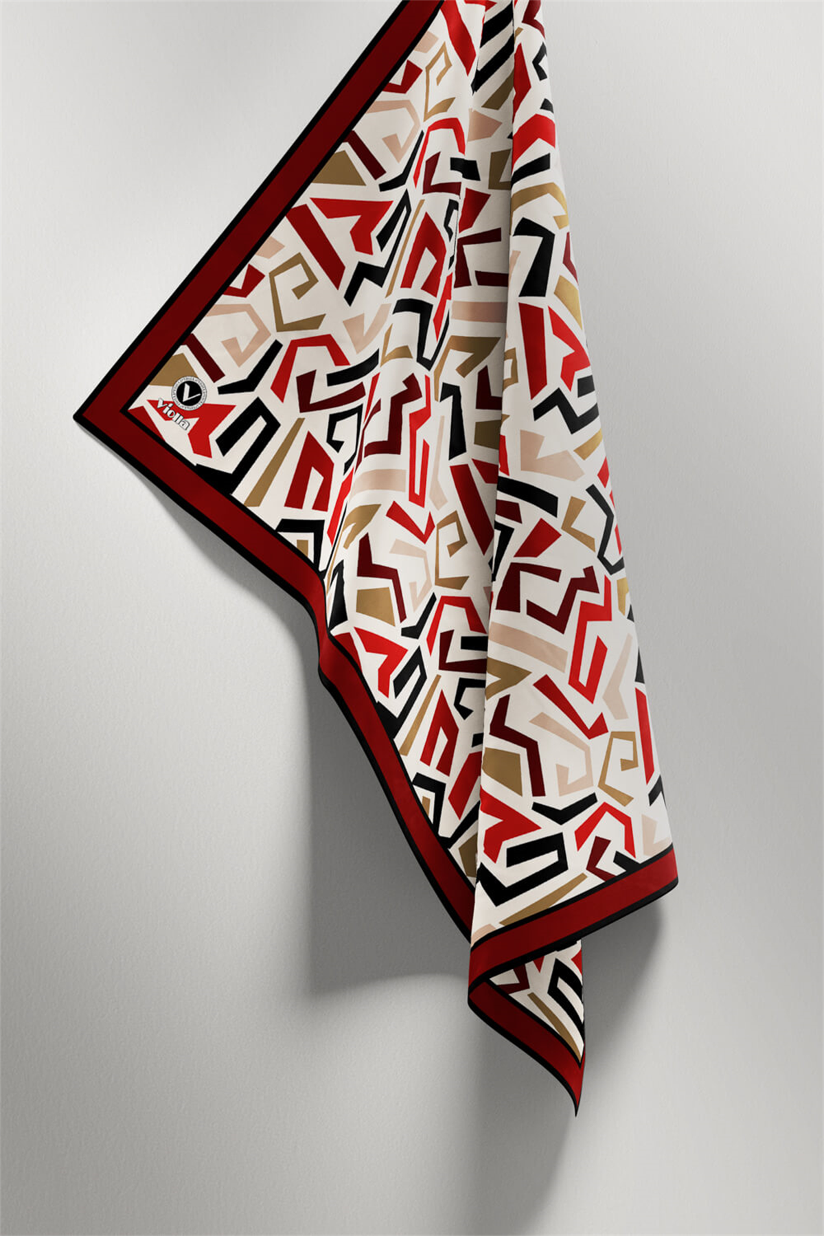 Twill Geometrik Desenli Bordo Renkli 90x90 Eşarp (İpek İçermez) Kenar Dikiş Şekli El Dikişli