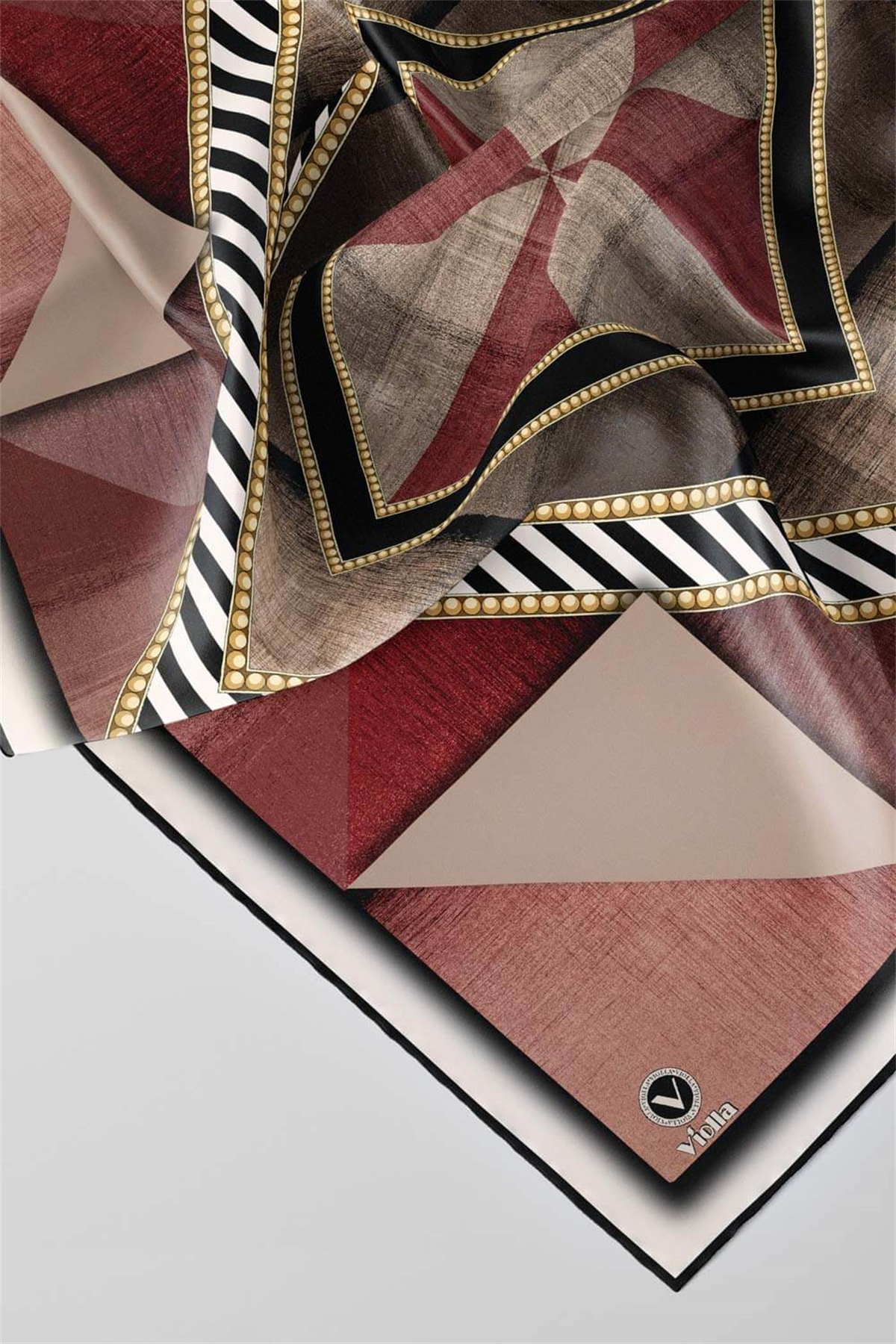 Twill Eskitme Desenli Bordo Renkli 90x90 Eşarp (İpek İçermez) Kenar Dikiş Şekli El Dikişli