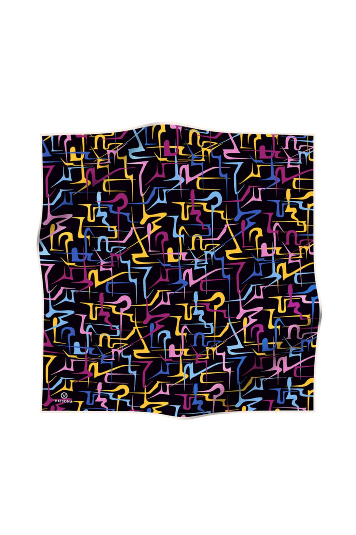 % 57 İPEK % 43 VİSKON Twill İpek Soyut Geometrik Desenli Sarı - Pembe Renkli 90x90 Eşarp Dikim Şekli : El Dikişi
