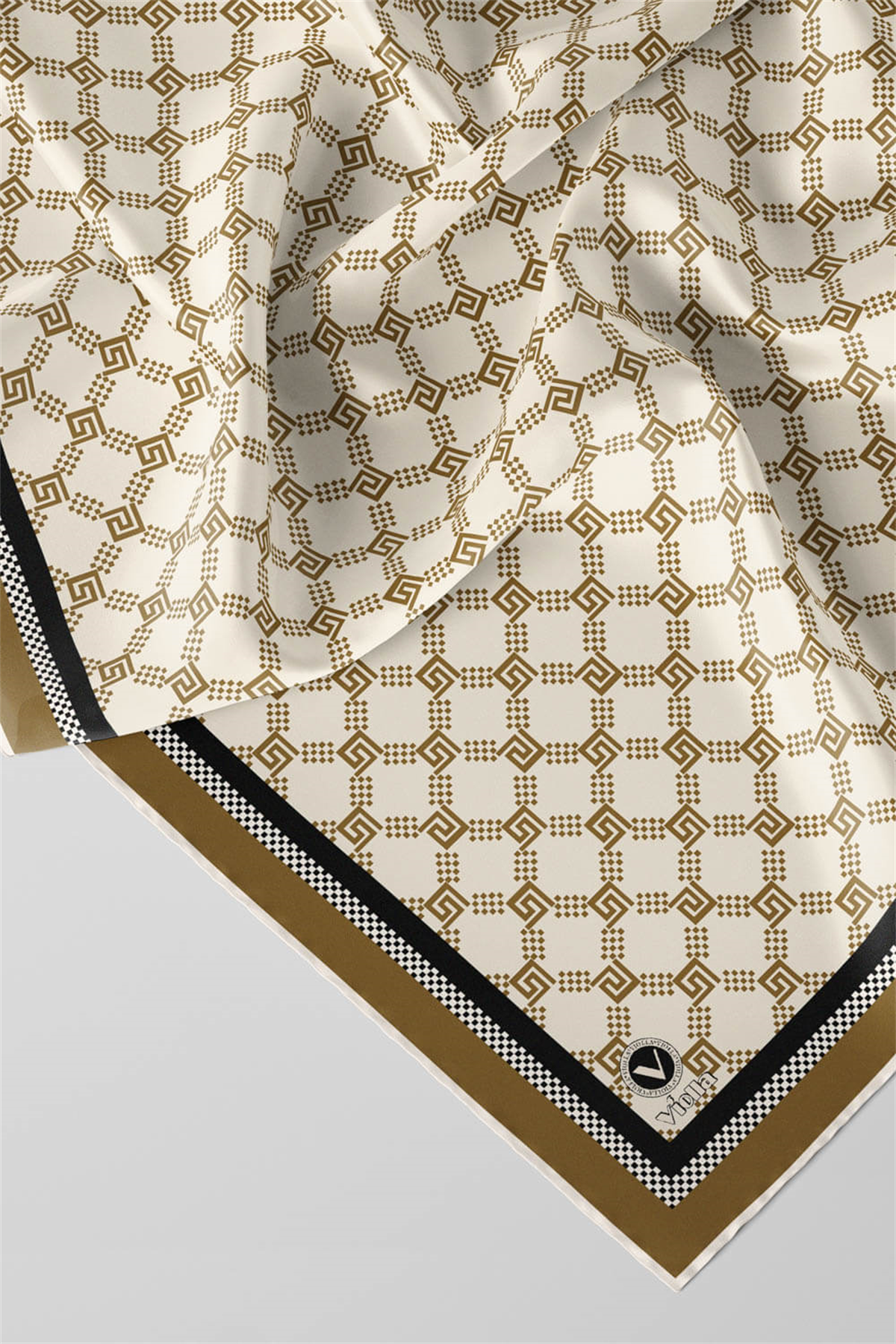 Twill Minik Motifli Geometrik Desenli Bej - Kahverengi Renkli 90x90 Eşarp (İpek İçermez) Dikim Şekli : El Dikişi